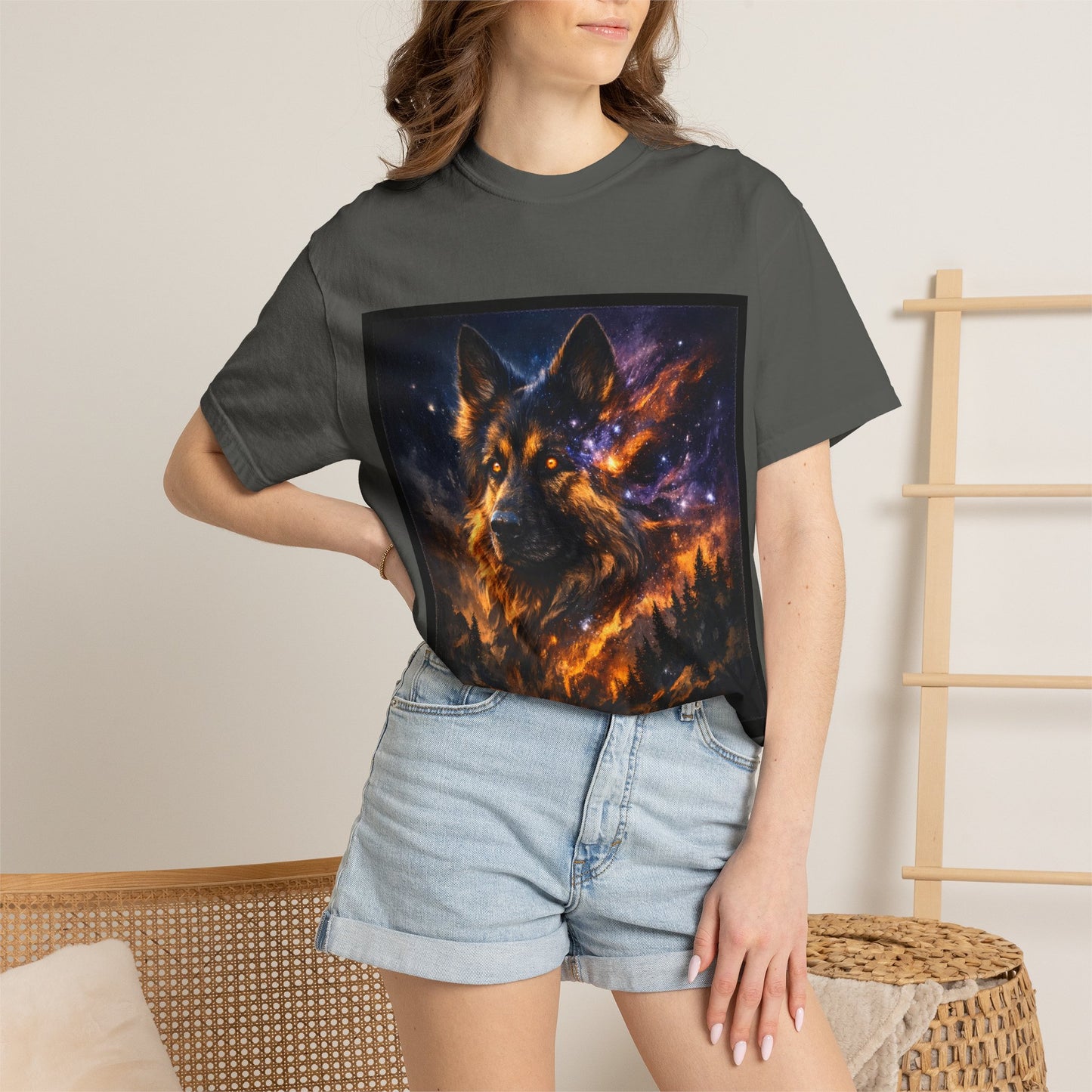 Cosmic German Shepherd Blaze T-Shirt | Galaxy fire Animal Artwork