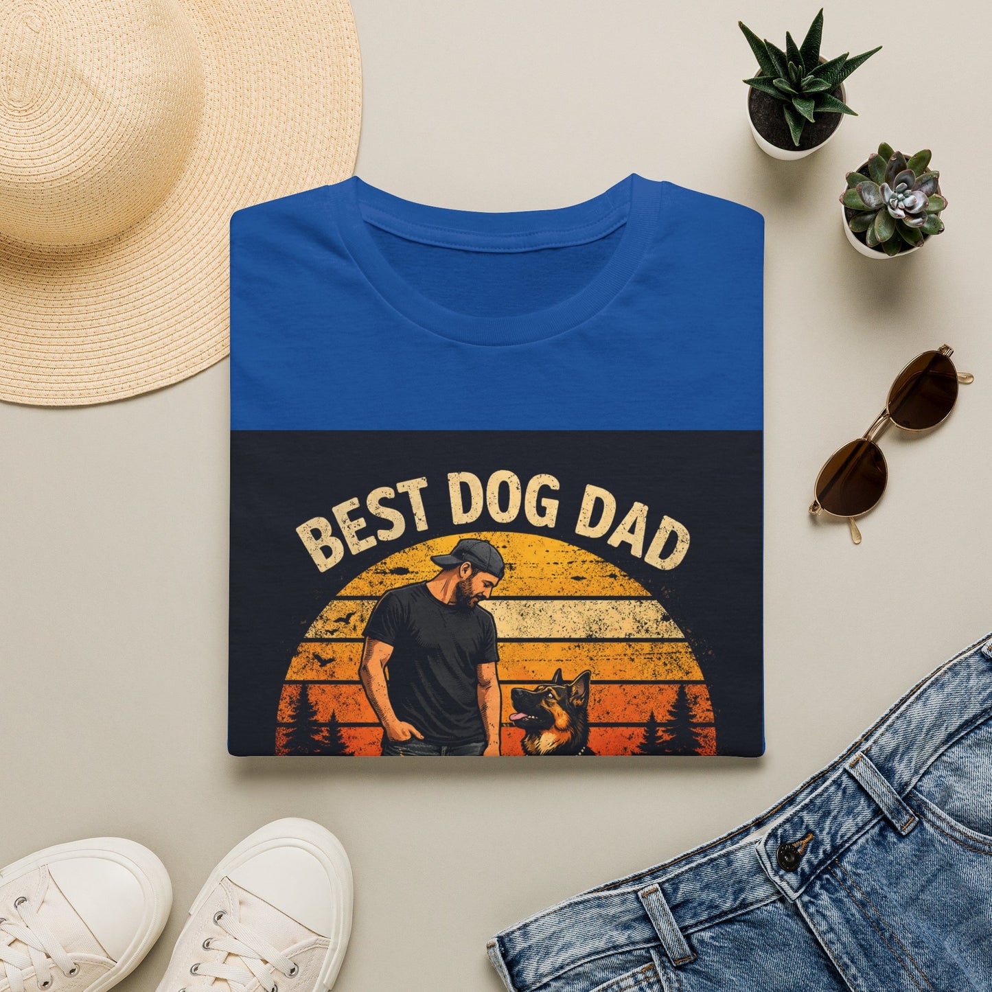 Best Dog Dad T-Shirt | Retro Sunset Dog Dad By My Side Design