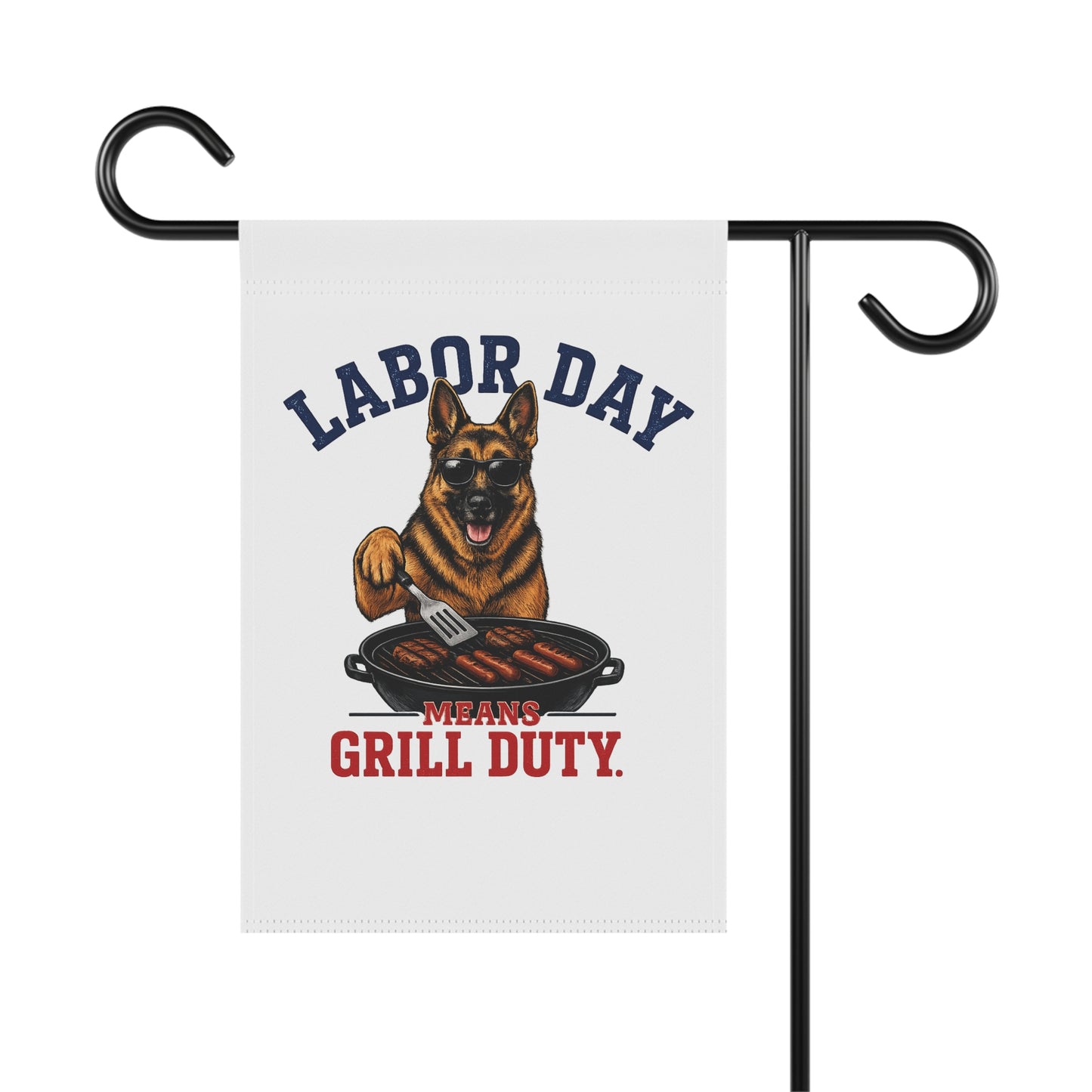 Labor Day Garden Flag - 'Labor Day Means Grill Duty' German Shepherd BBQ Yard Banner