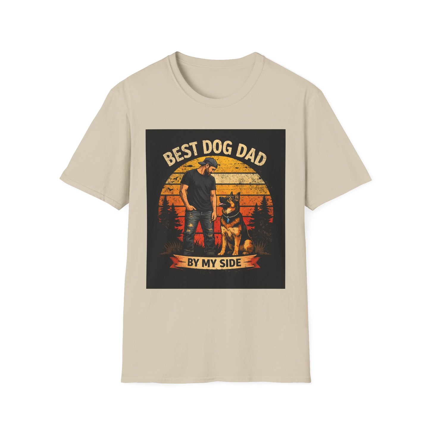 Best Dog Dad T-Shirt | Retro Sunset Dog Dad By My Side Design