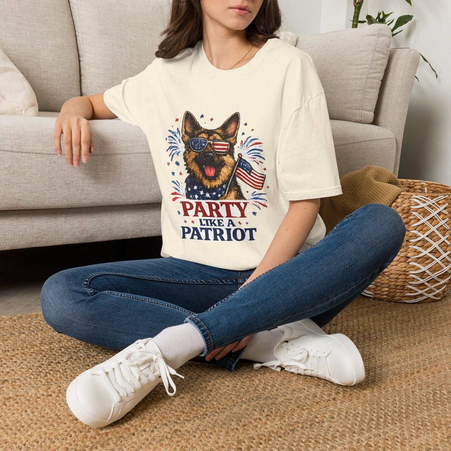Patriotic German Shepherd Graphic T-Shirt | American Flag Sunglasses, Fireworks