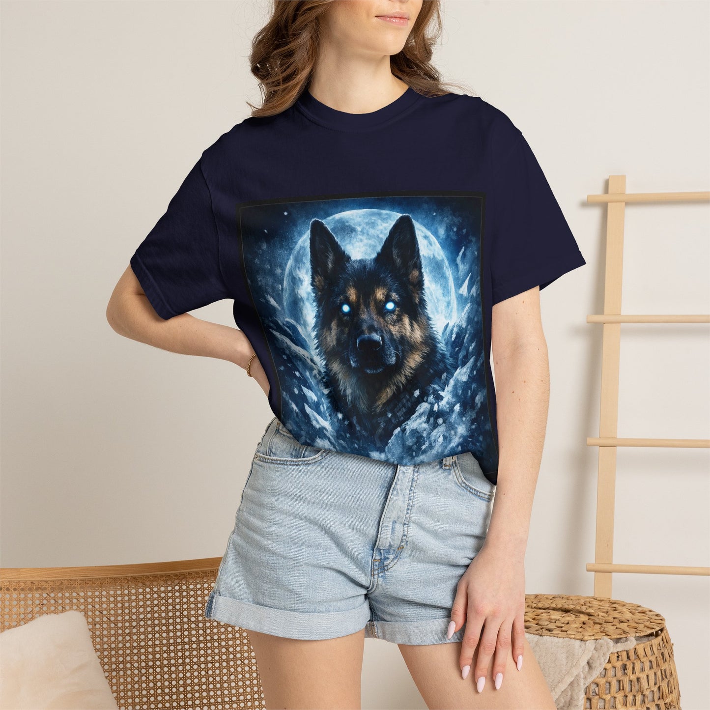 Mystic German Shepherd Moon T-shirt | Glowing Blue German Shepherd Portrait