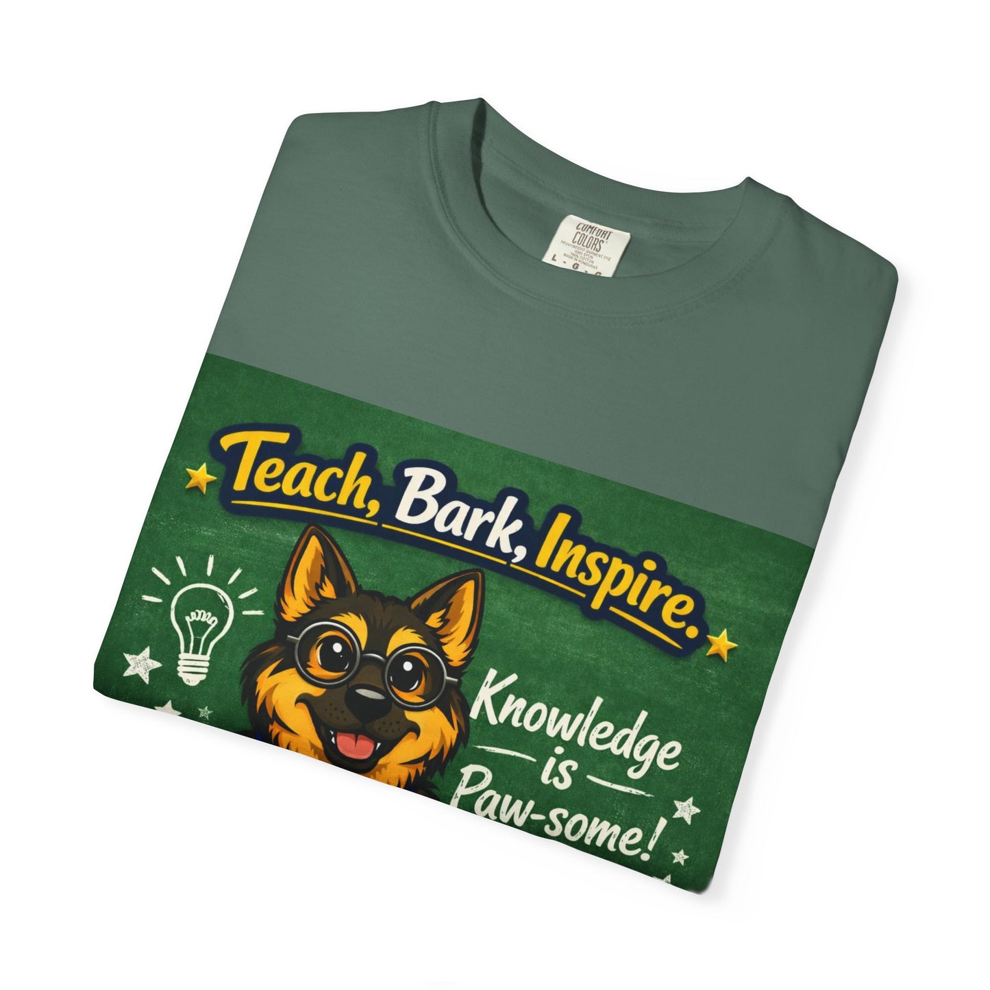 Teach Bark Inspire German Shepherd T‑Shirt – Knowledge Is Paw‑some Teacher Tee | Classroom Dog Lover Shirt | Bella Canvas 3001