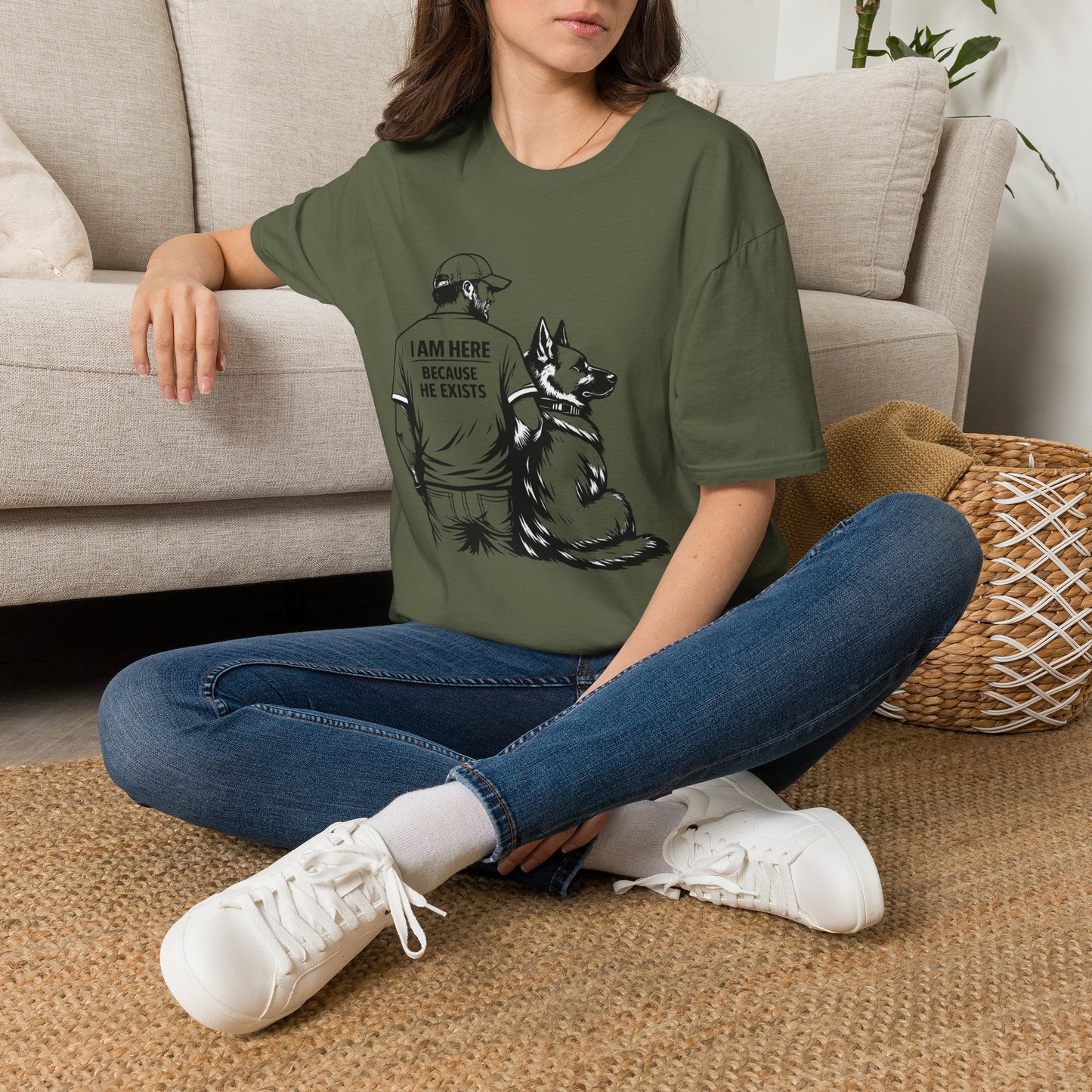 Dog Dad T‑Shirt — "I Am Here Because He Exists" Graphic Tee for German Shepherd Lovers