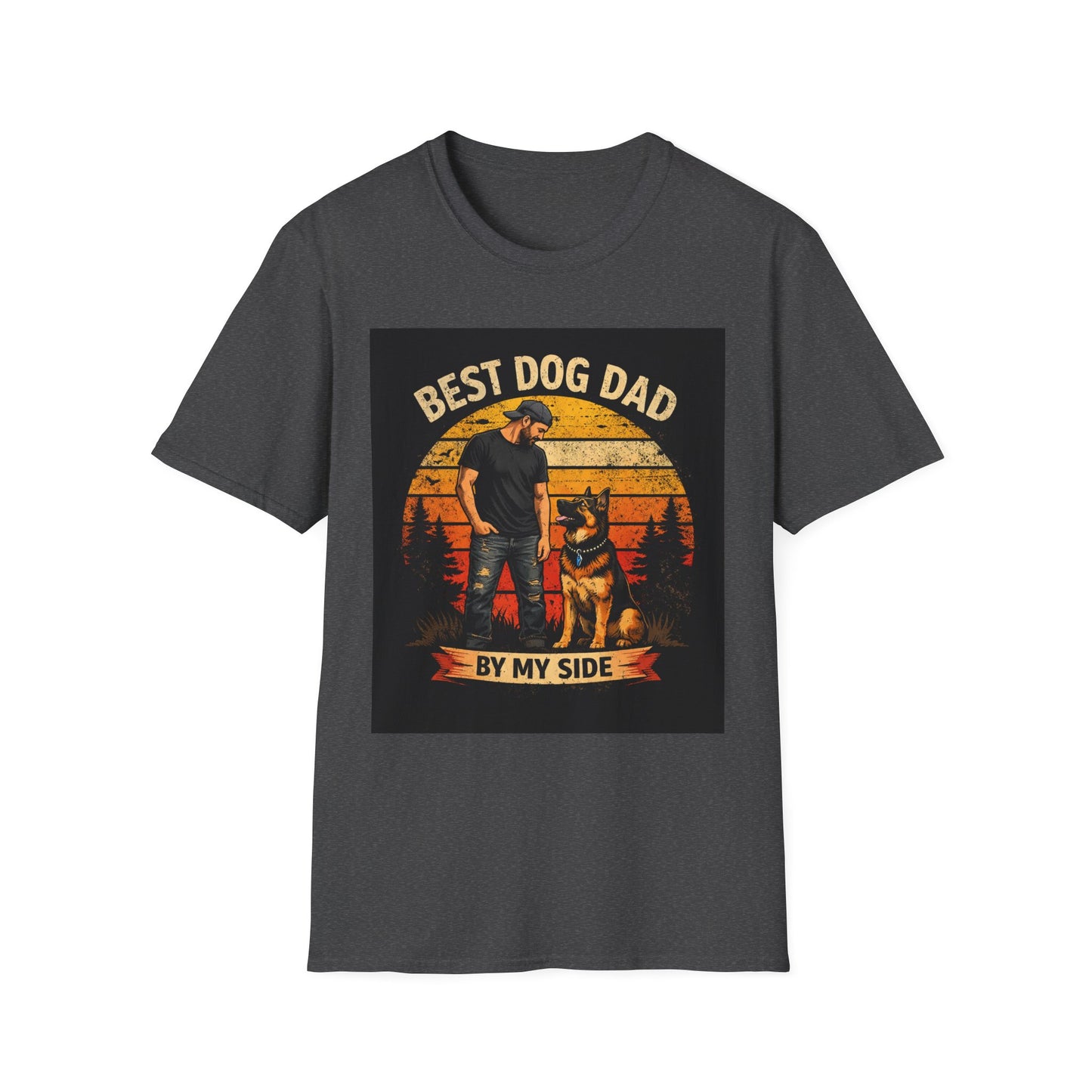Best Dog Dad T-Shirt | Retro Sunset Dog Dad By My Side Design