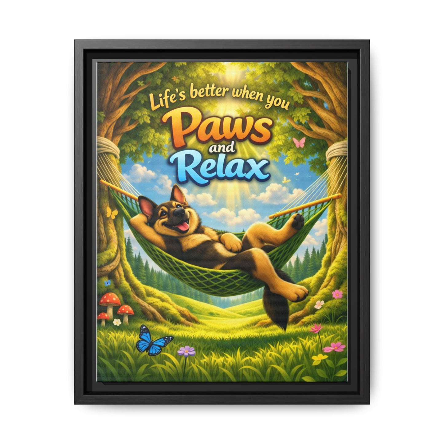 German Shepherd Wall Art – "Life's Better When You Paws and Relax" Framed Canvas Print