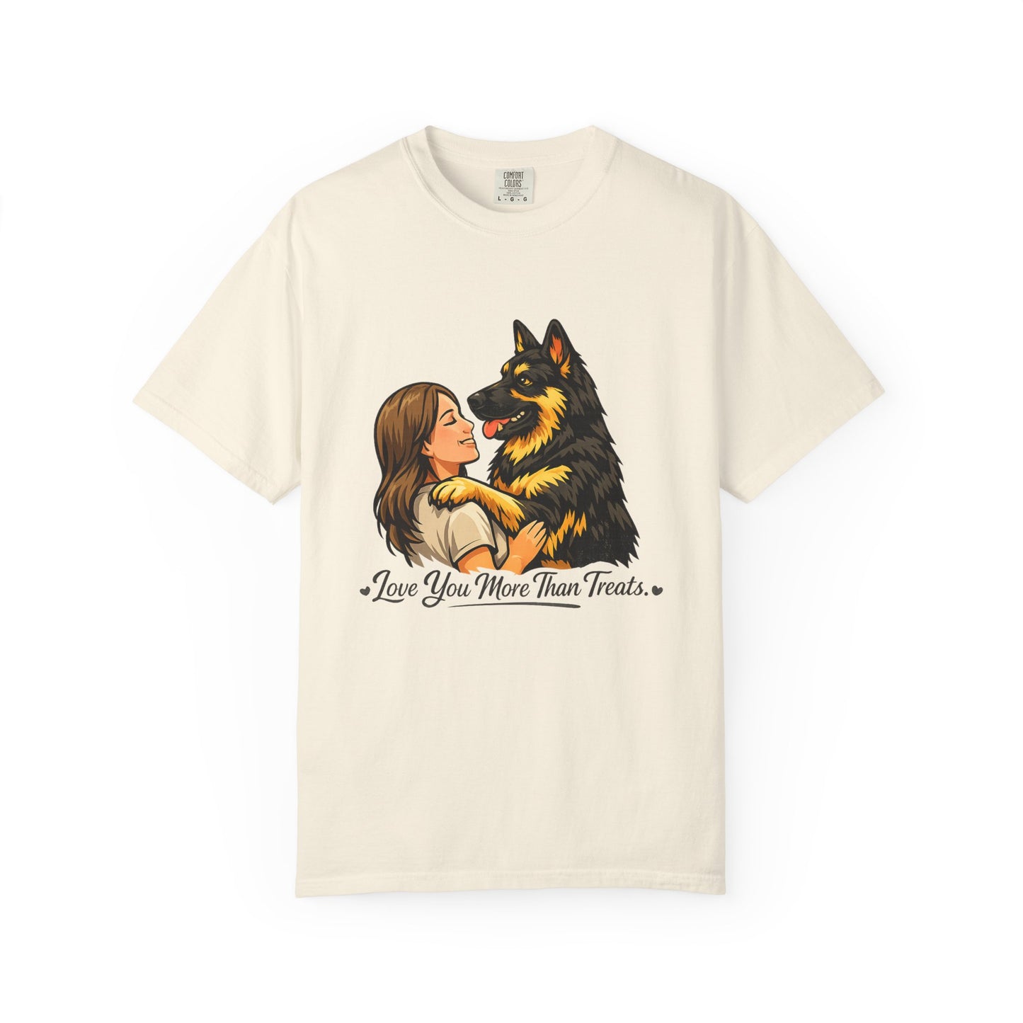 I Love You More Than Treats T-shirt | Girl Hugging German Shepherd Dog
