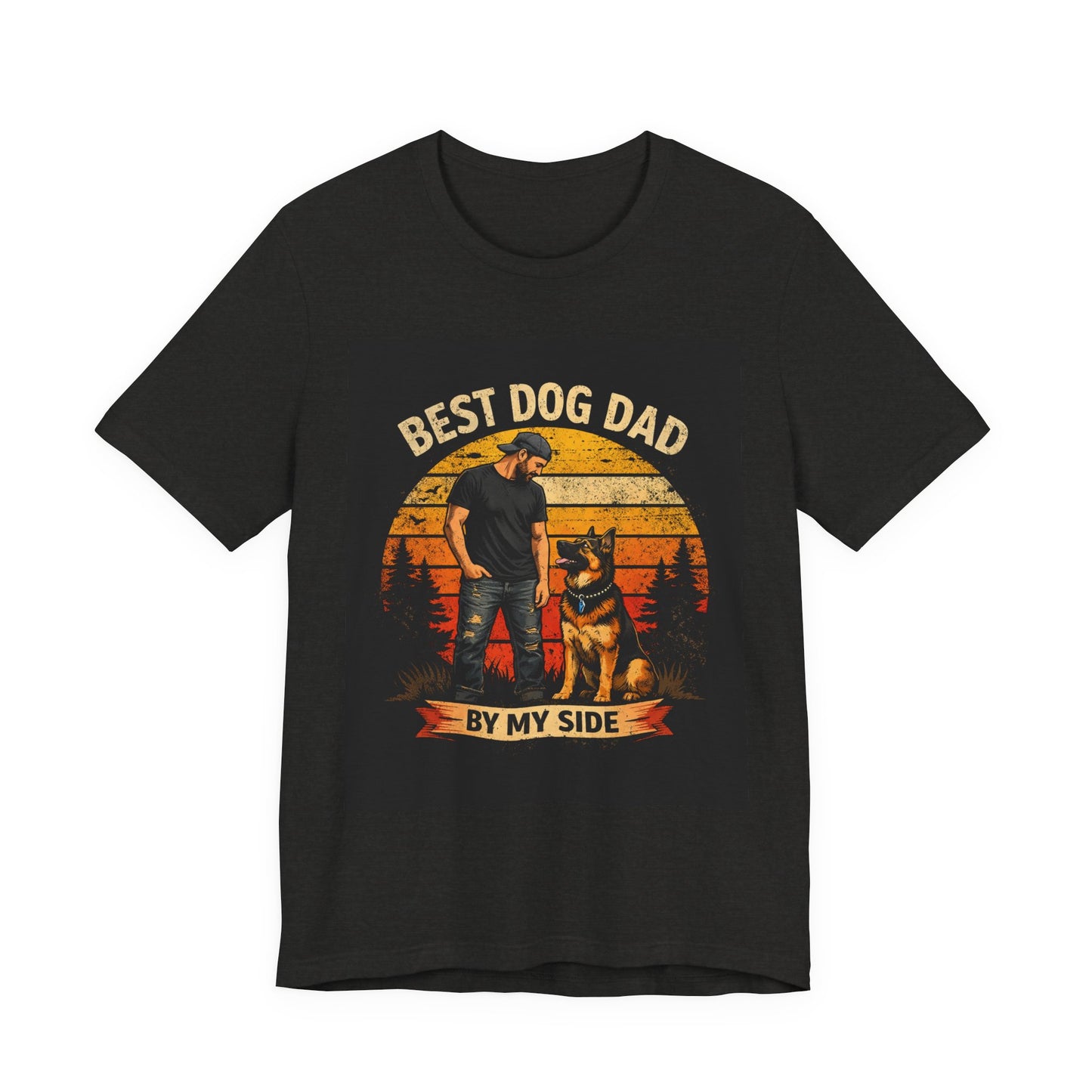Best Dog Dad by My Side T‑Shirt — “By My Side” German Shepherd Father’s Day Gift Tee | Vintage Sunset Dog Lover Design | Bella Canvas 3001