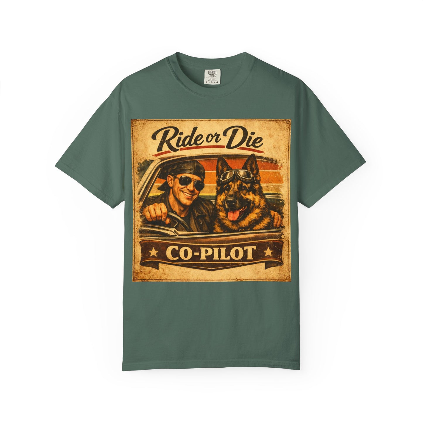 Ride or Die Co-Pilot T-shirt | Retro Driver and German Shepherd Design