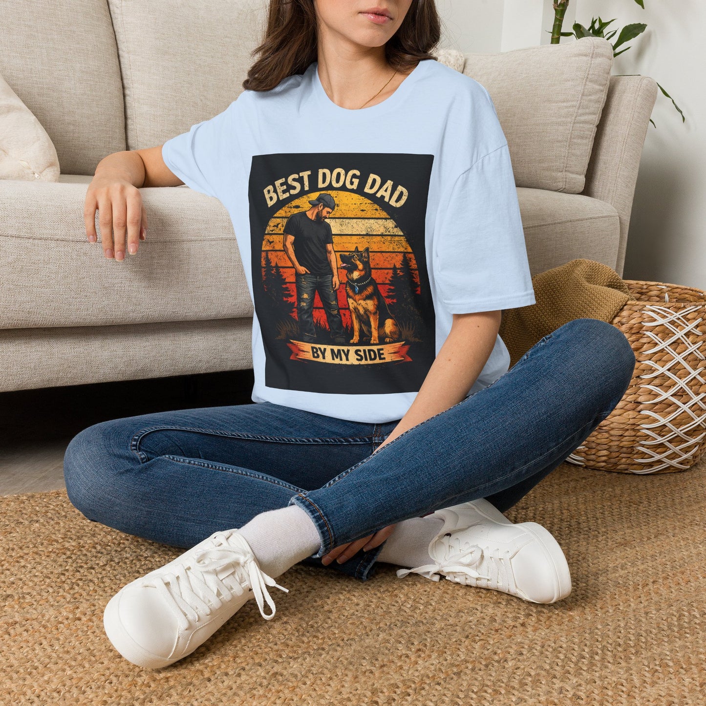 Best Dog Dad T-Shirt | Retro Sunset Dog Dad By My Side Design