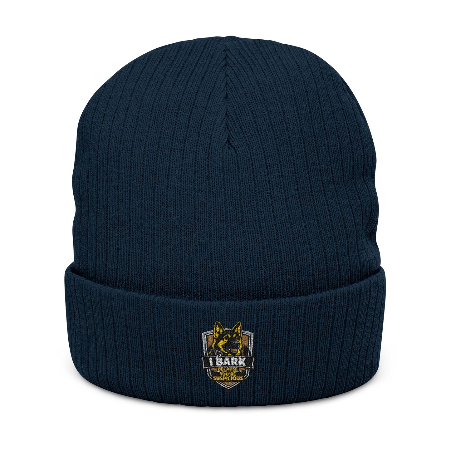 Embroidered Ribbed Knit Beanie — Vintage Crest Patch Winter Hat