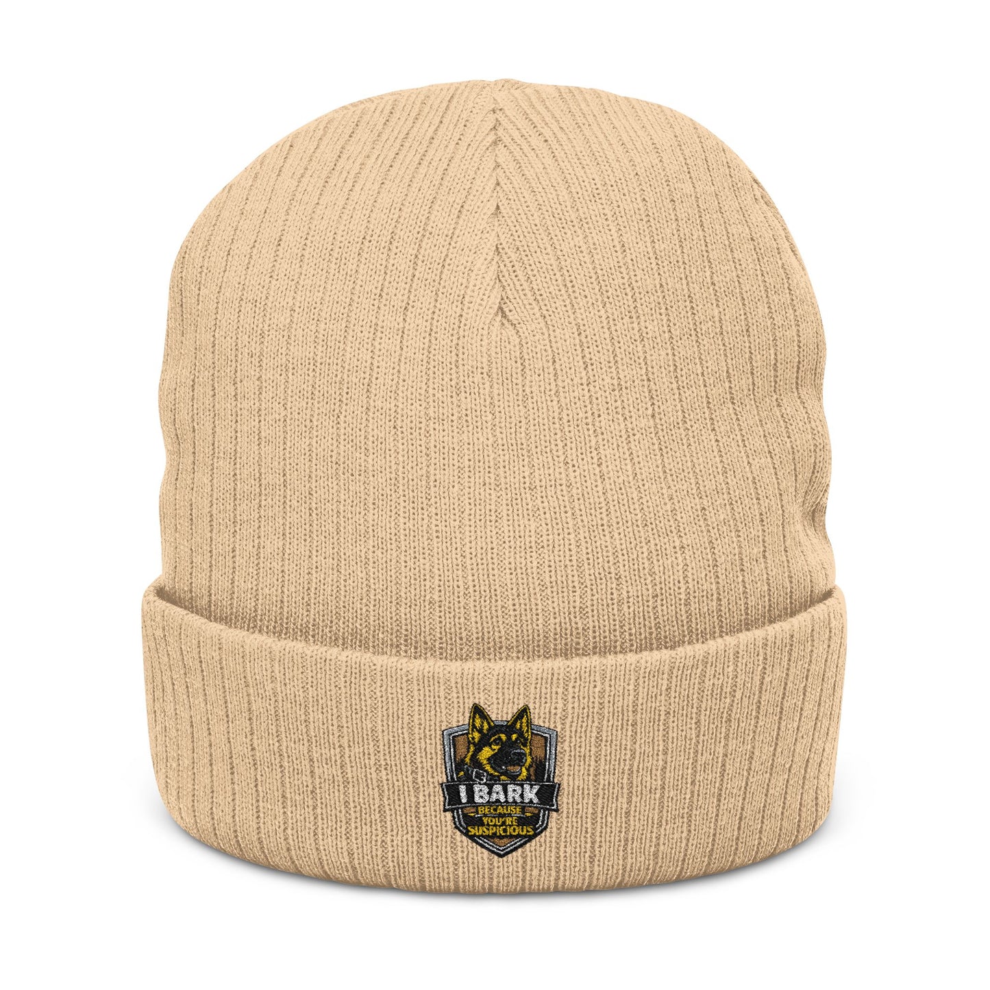 Embroidered Ribbed Knit Beanie — Vintage Crest Patch Winter Hat