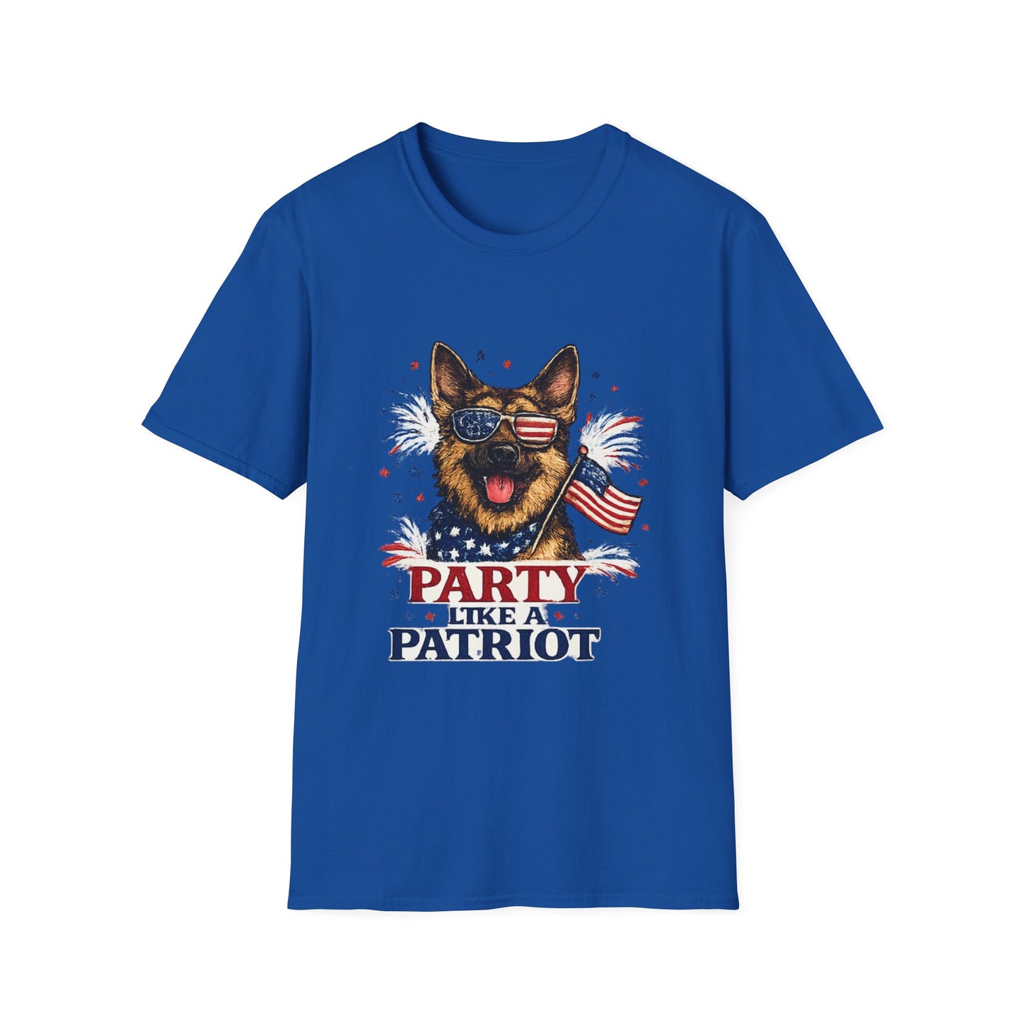 Patriotic German Shepherd Graphic T-Shirt | American Flag Sunglasses, Fireworks