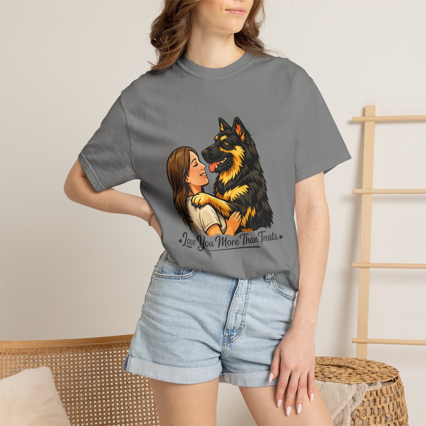 I Love You More Than Treats T-shirt | Girl Hugging German Shepherd Dog