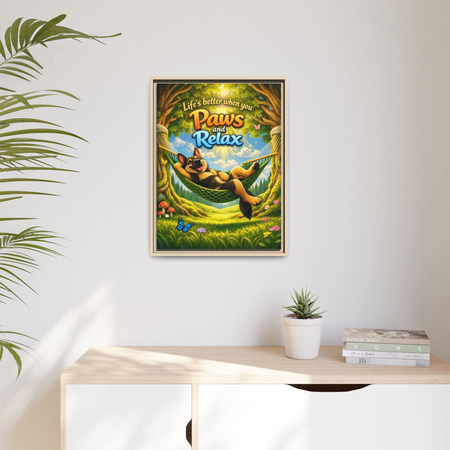 German Shepherd Wall Art – "Life's Better When You Paws and Relax" Framed Canvas Print