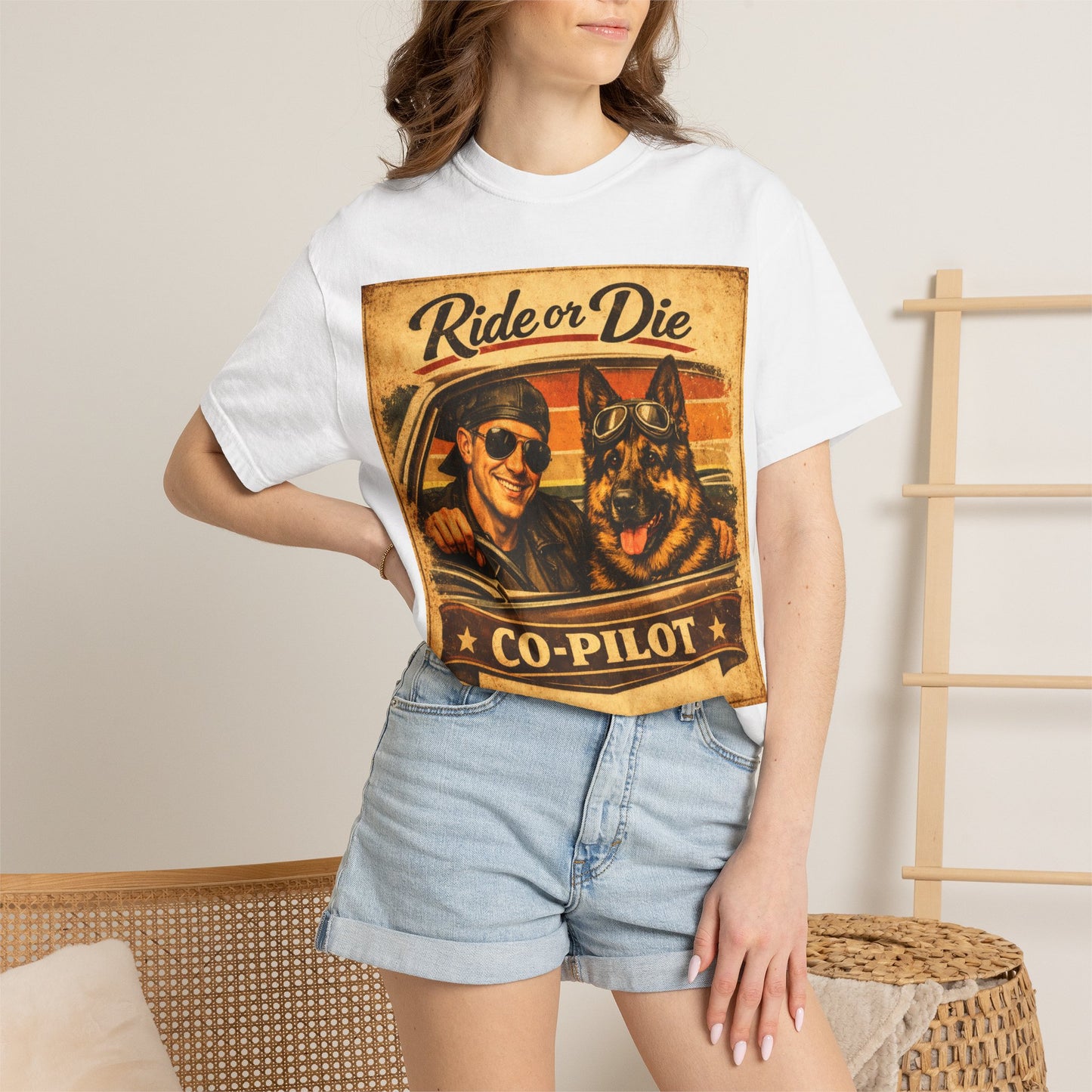 Ride or Die Co-Pilot T-shirt | Retro Driver and German Shepherd Design