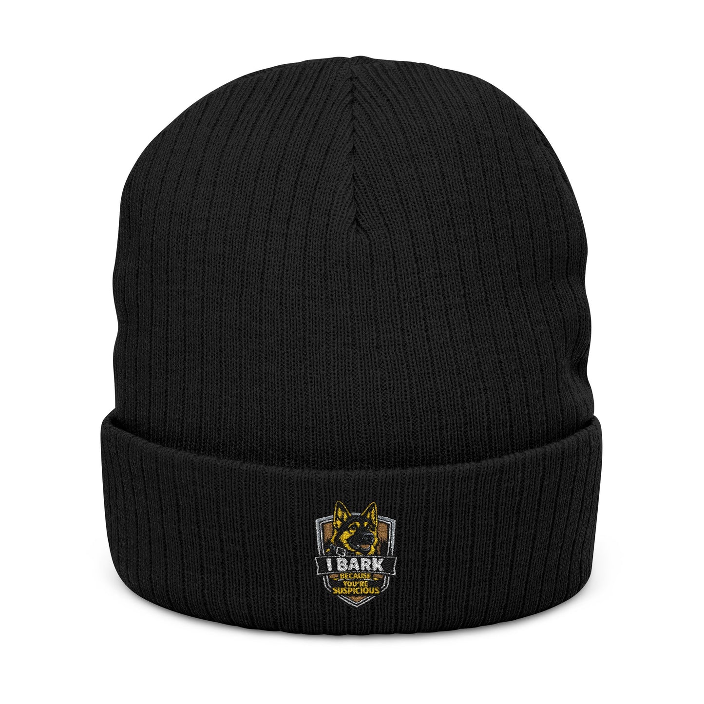 Embroidered Ribbed Knit Beanie — Vintage Crest Patch Winter Hat