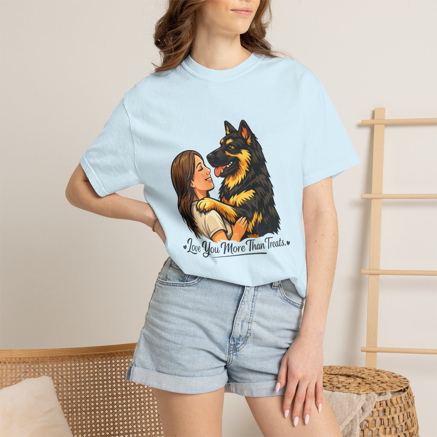 I Love You More Than Treats T-shirt | Girl Hugging German Shepherd Dog