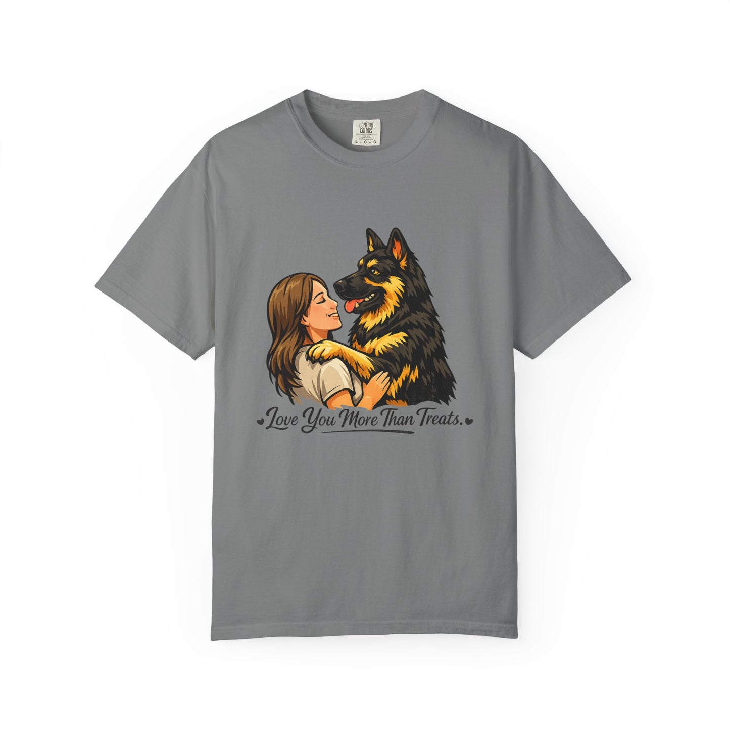 I Love You More Than Treats T-shirt | Girl Hugging German Shepherd Dog