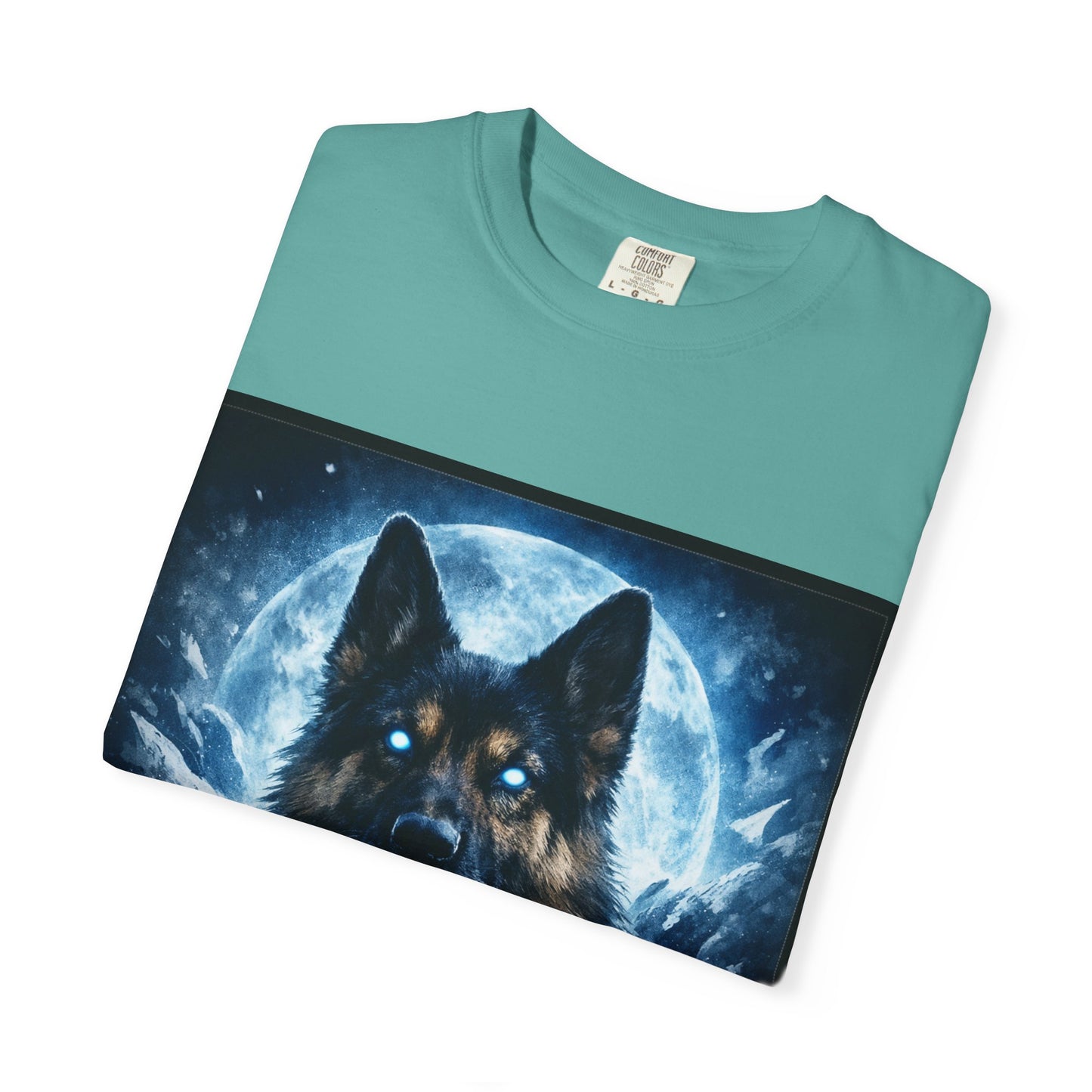 Mystic German Shepherd Moon T-shirt | Glowing Blue German Shepherd Portrait