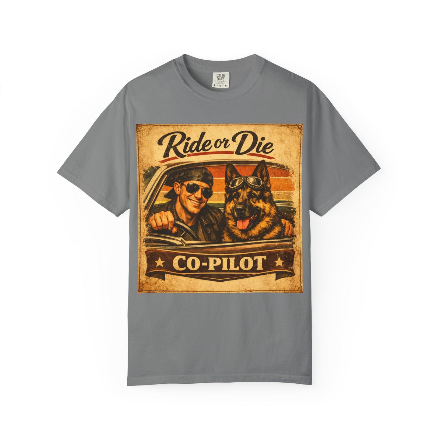Ride or Die Co-Pilot T-shirt | Retro Driver and German Shepherd Design