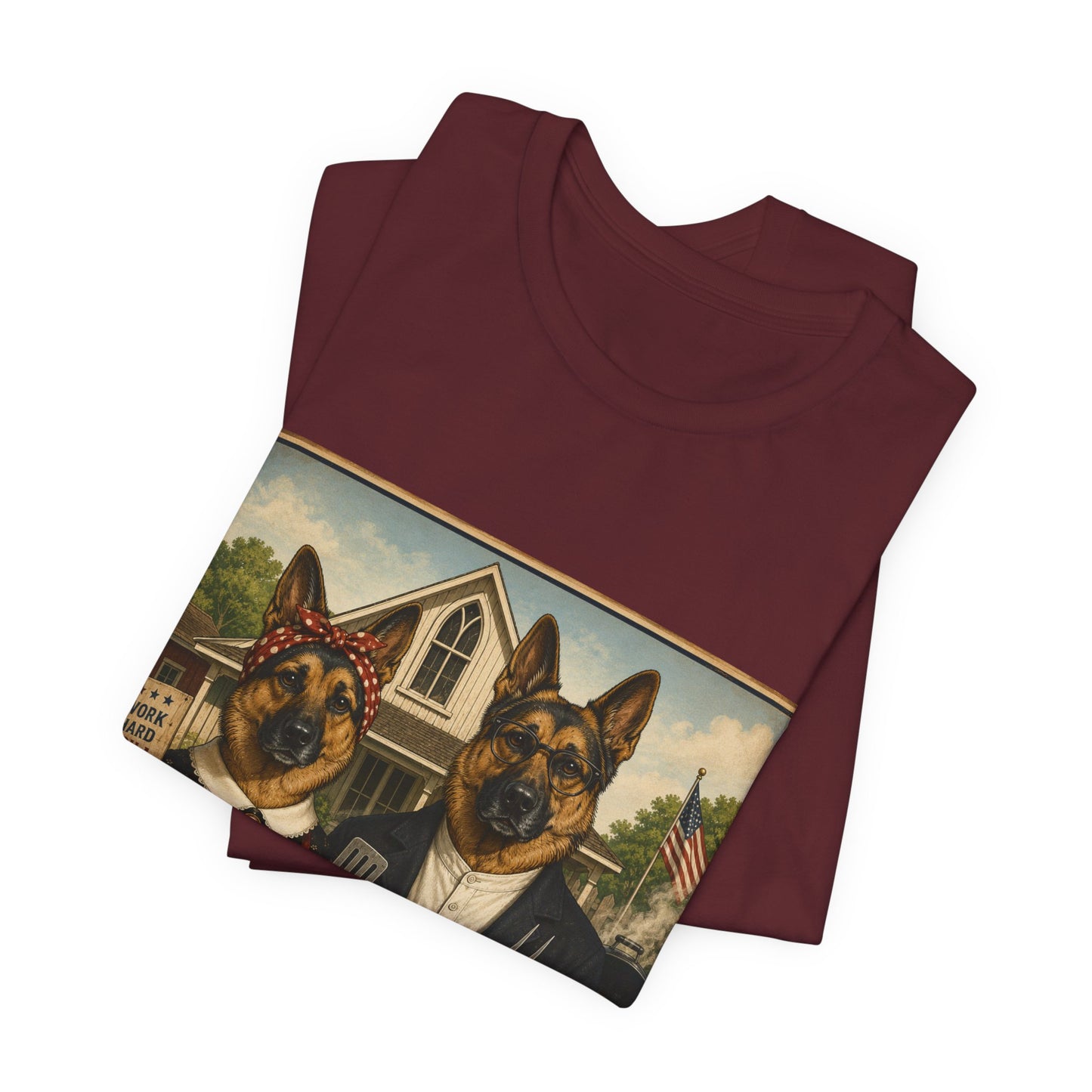 American Gothic – Backyard Style | German Shepherd BBQ T-Shirt