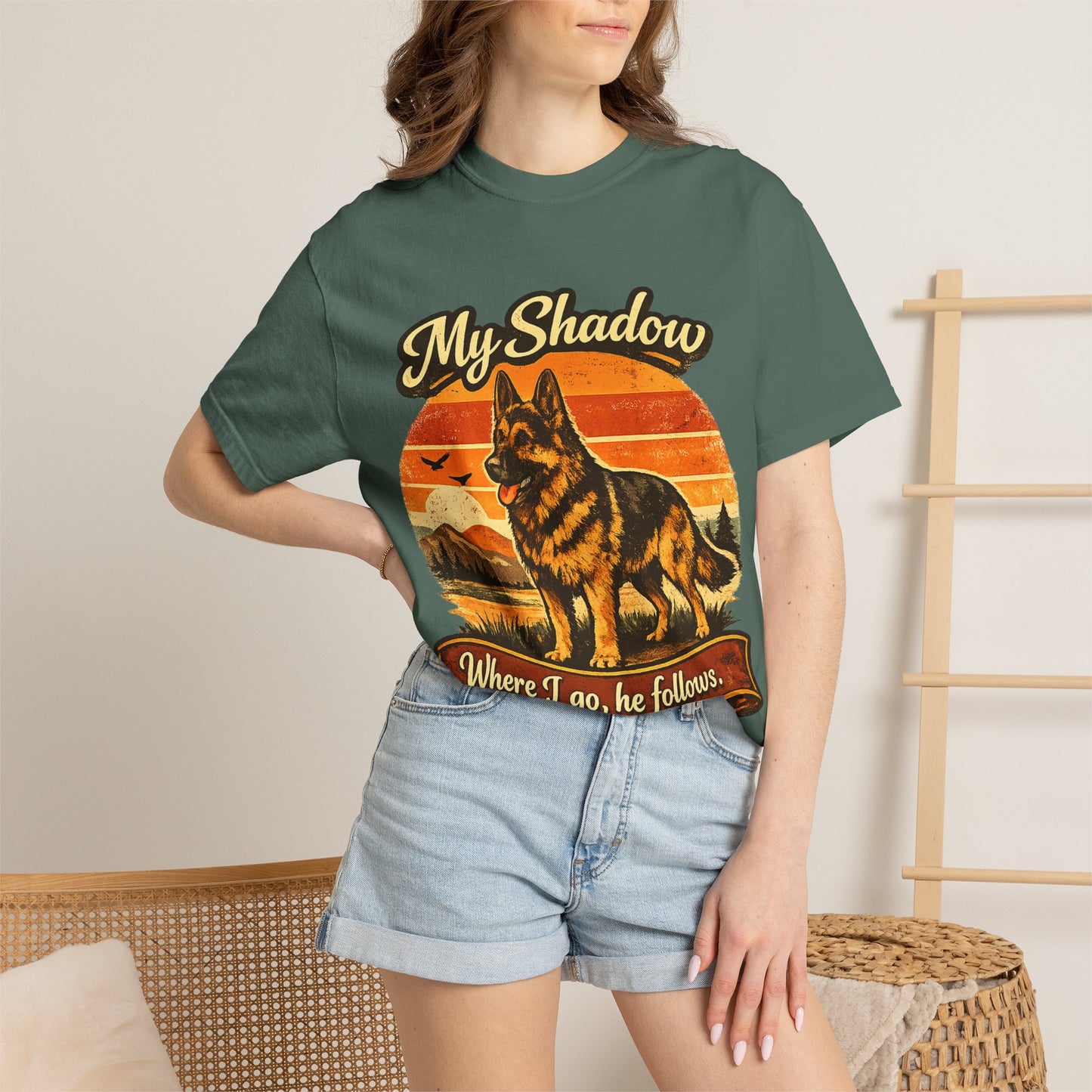 German Shepherd 'My Shadow' Vintage Sunset T-Shirt | Dog Lover Tee