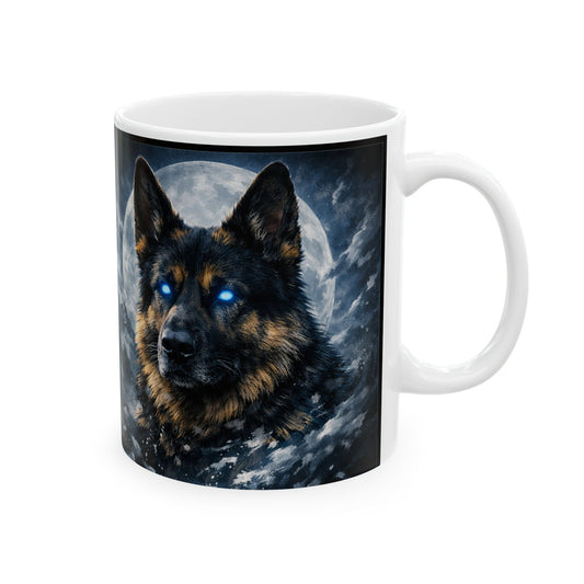 Blue‑Eyed German Shepherd Mug – Full Moon Night Dog Lover Cup | Mystical Shepherd Illustration | Ceramic 11oz/15oz