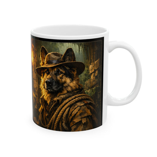 Shepherd Jones Adventure Mug – Indy‑Style German Shepherd Coffee Cup | Torch Explorer Dog Art | Ceramic 11oz/15oz