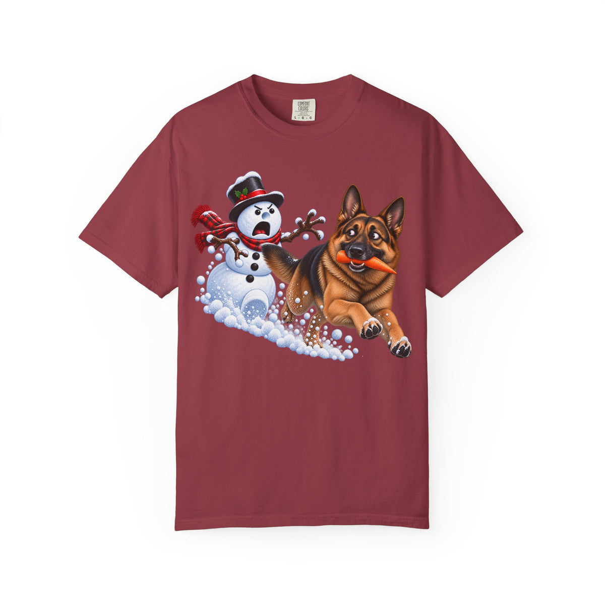 German Shepherd Snowman Carrot Chase T-Shirt – Funny Christmas GSD Shirt