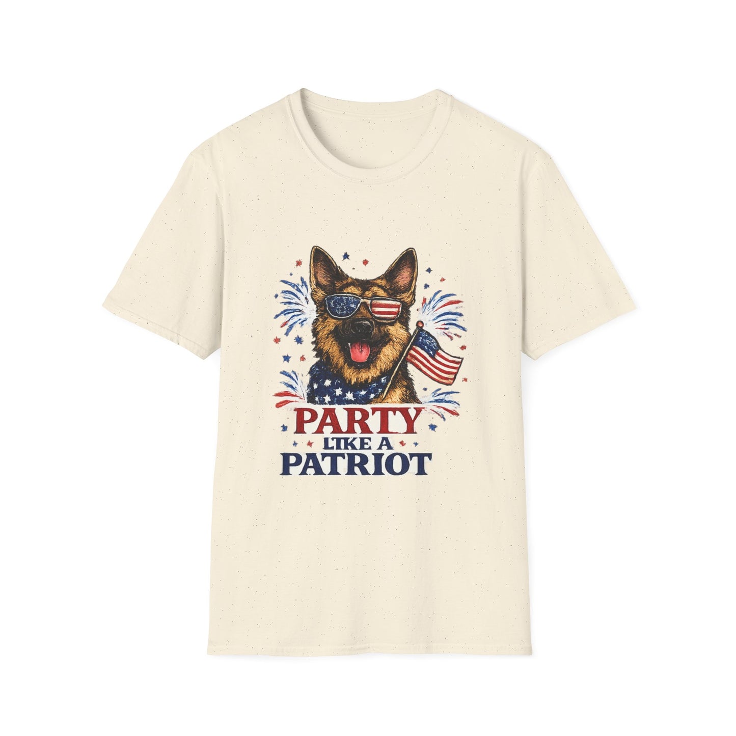 Patriotic German Shepherd Graphic T-Shirt | American Flag Sunglasses, Fireworks