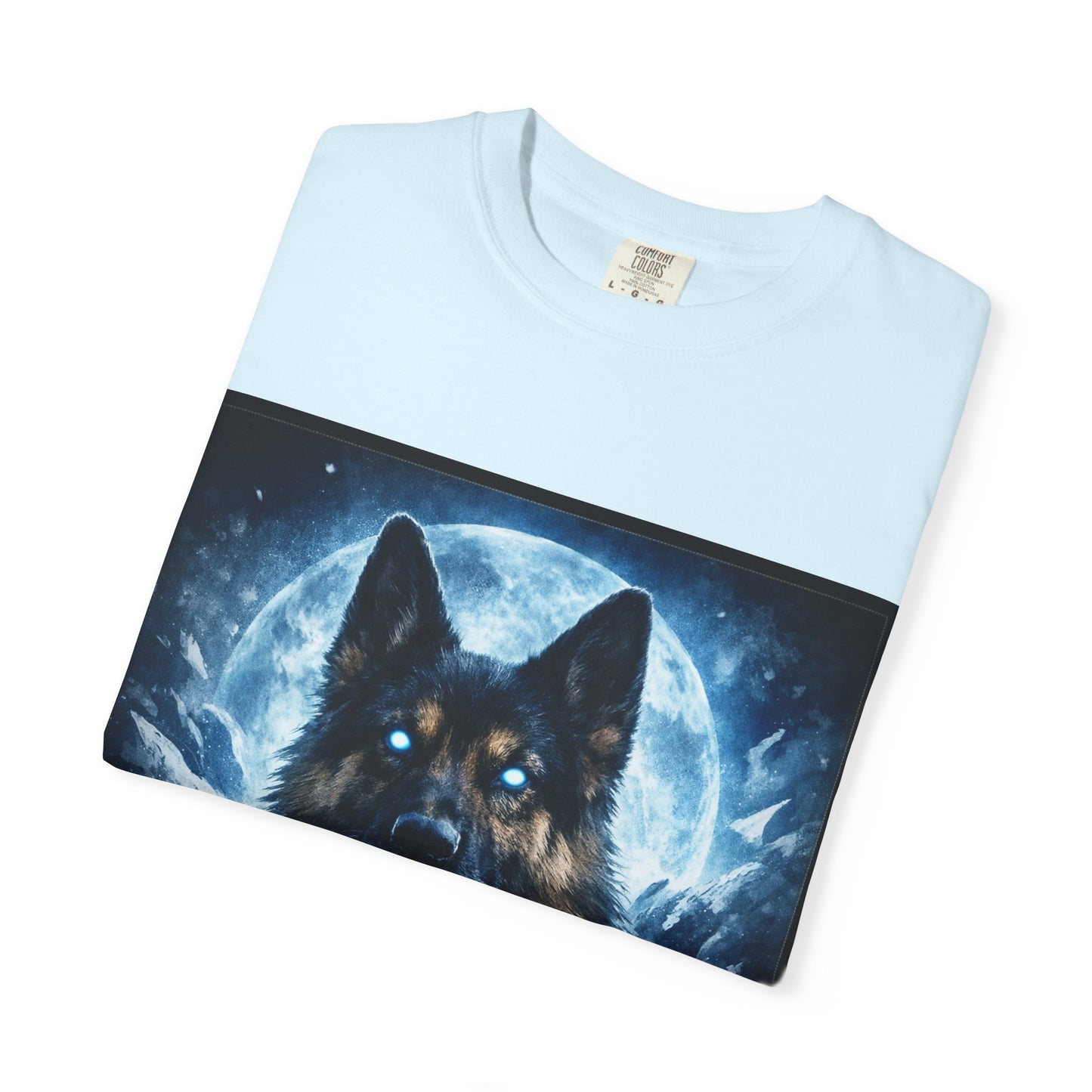 Mystic German Shepherd Moon T-shirt | Glowing Blue German Shepherd Portrait