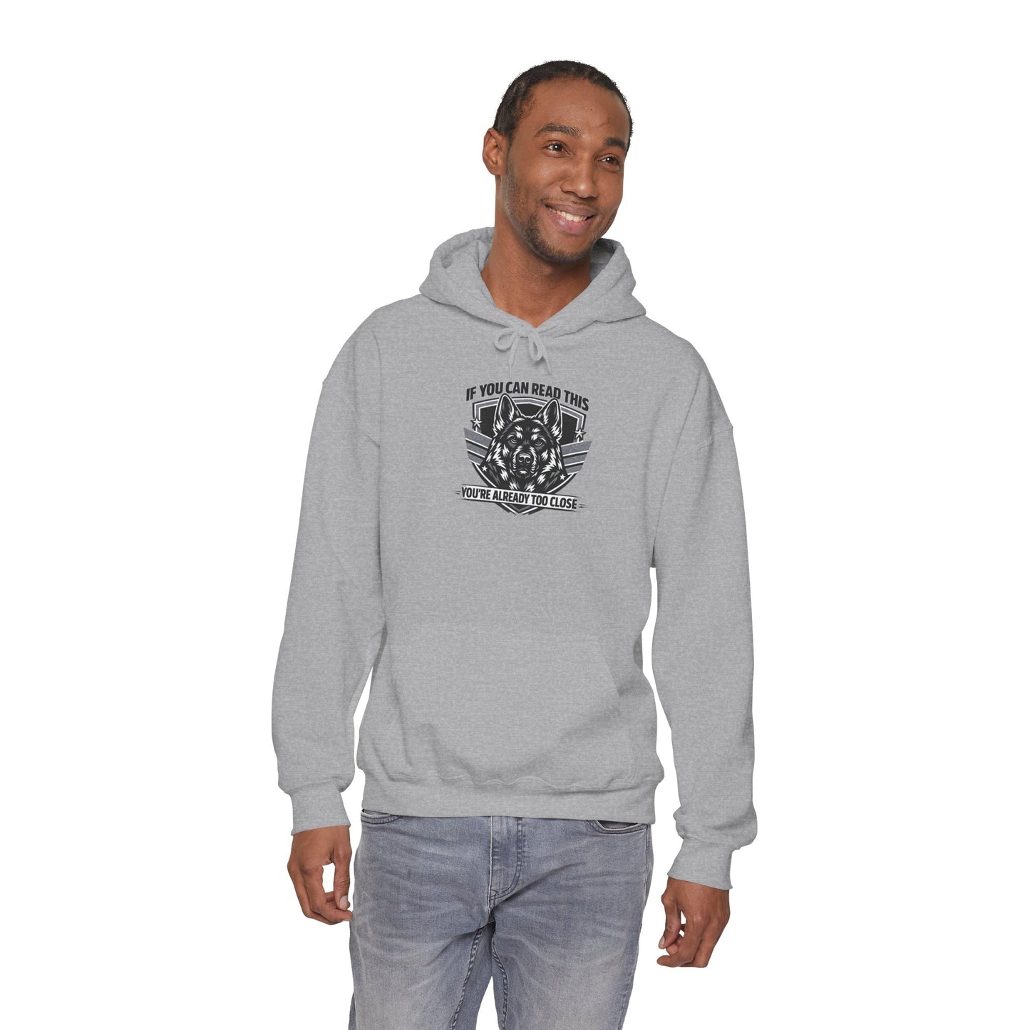Hoodie — "If You Can Read This You're Already Too Close" Tactical Skull Graphic