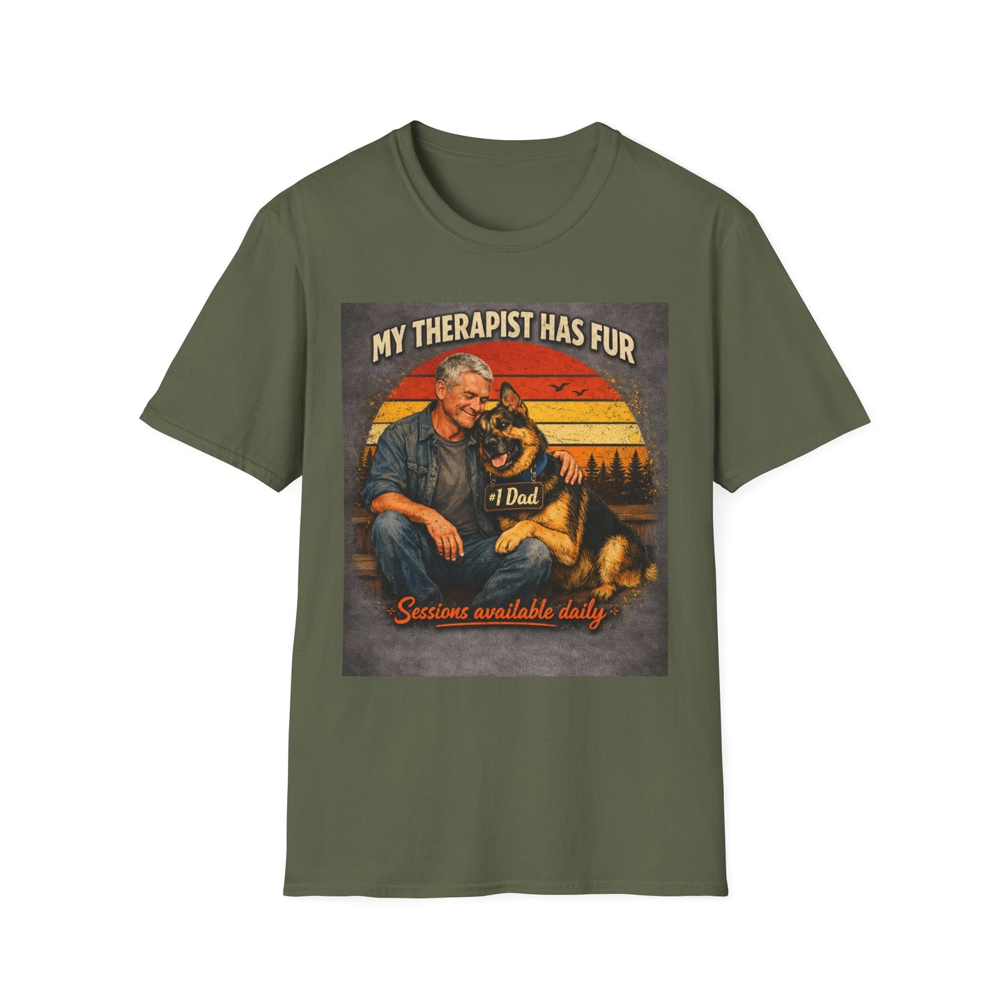 My Therapist Has Fur T-Shirt | Dog Dad Retro Sunset Design