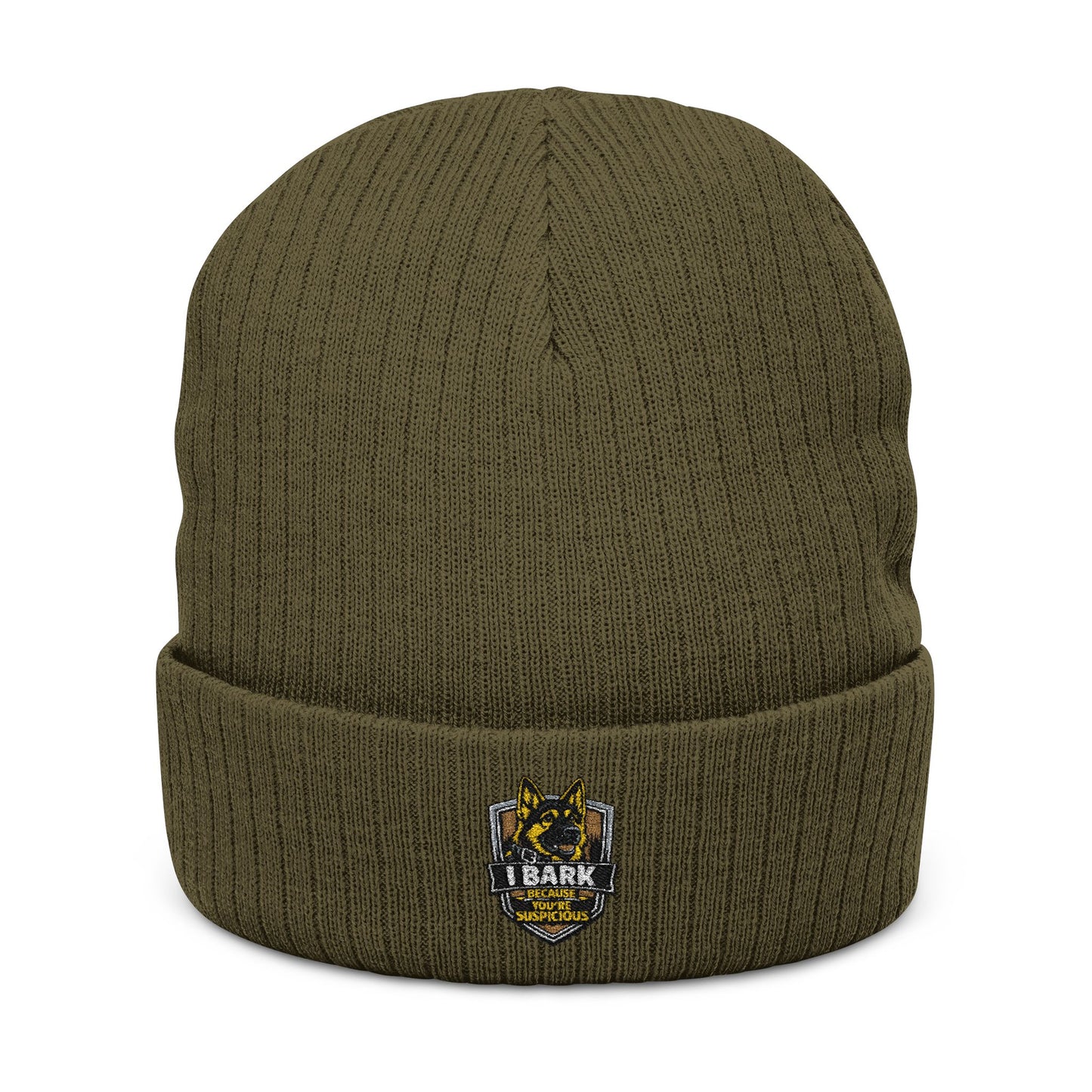 Embroidered Ribbed Knit Beanie — Vintage Crest Patch Winter Hat