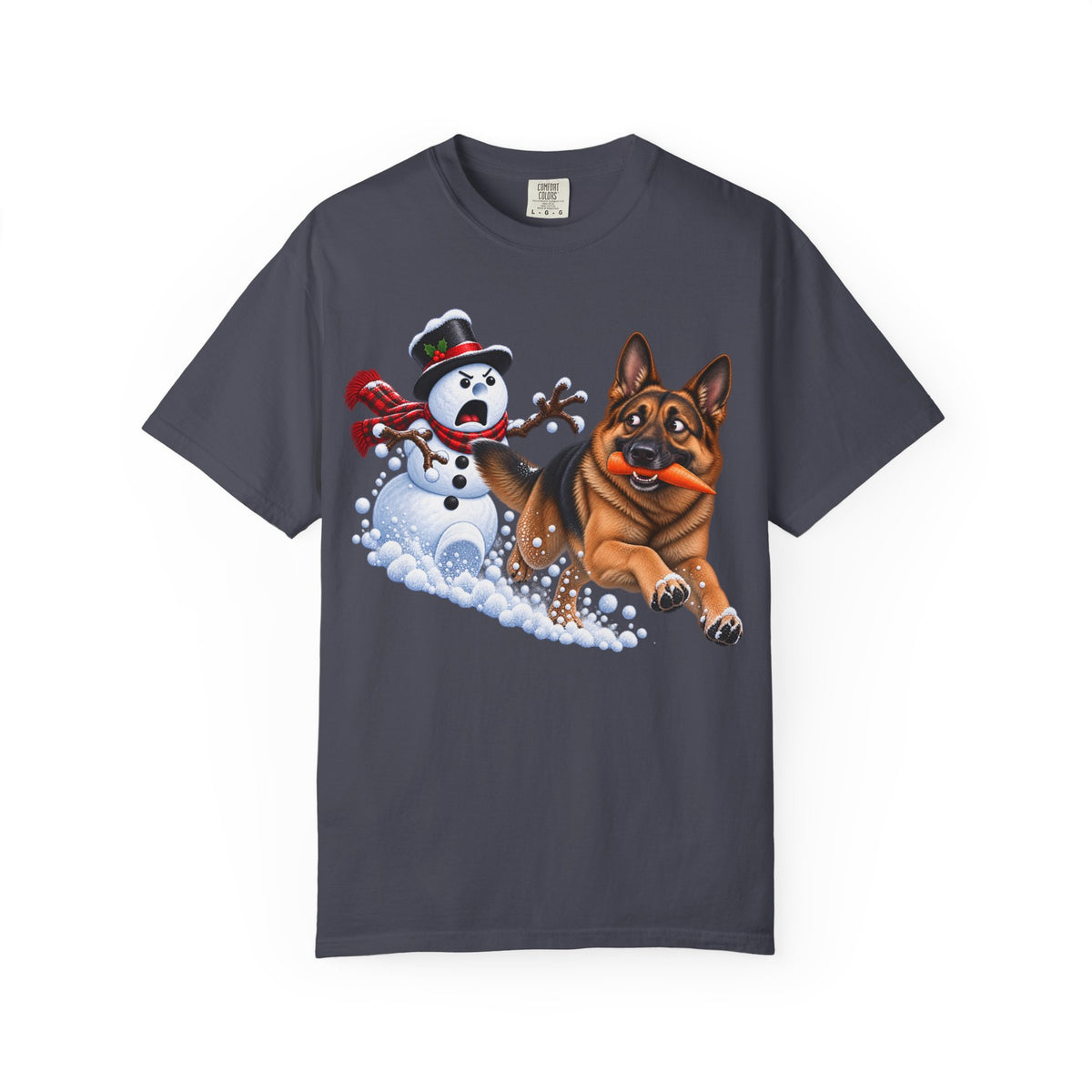 German Shepherd Snowman Carrot Chase T-Shirt – Funny Christmas GSD Shirt