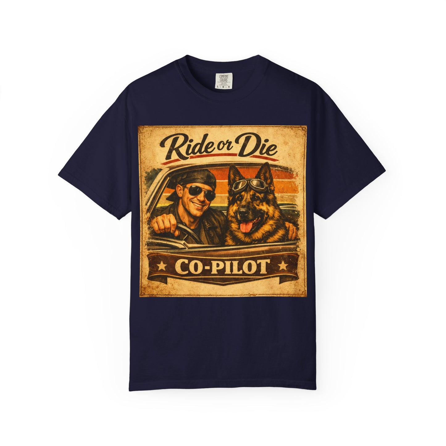 Ride or Die Co-Pilot T-shirt | Retro Driver and German Shepherd Design