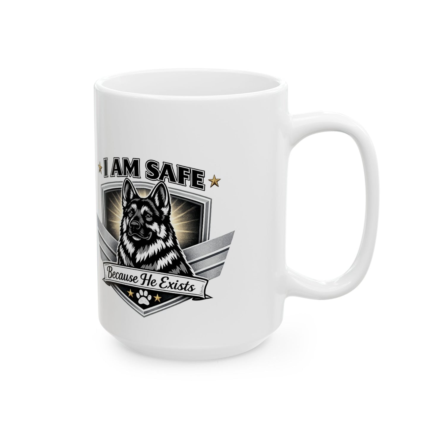 Dog Dad Ceramic Mug — “I Am Safe Because My Dog Protects Me” Military Badge Coffee Cup