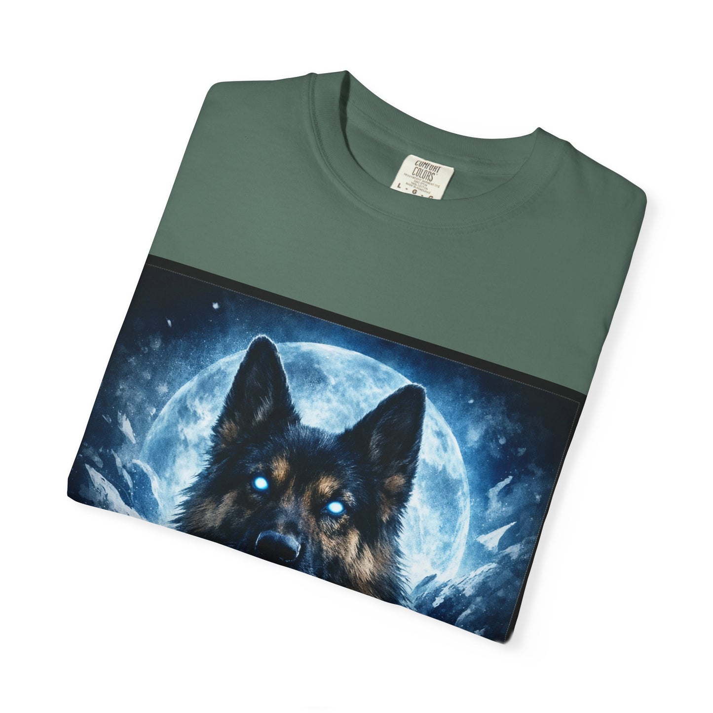 Mystic German Shepherd Moon T-shirt | Glowing Blue German Shepherd Portrait