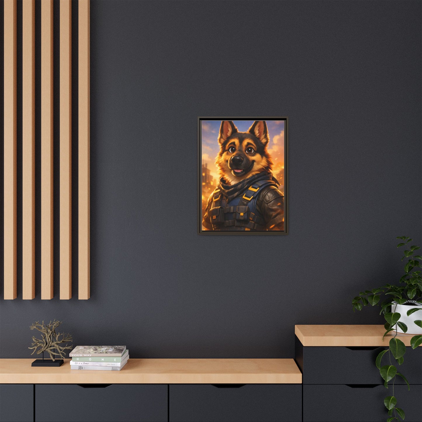 German Shepherd Hero Art – Tactical Dog Character Wall Canvas | Cinematic GSD Decor | Framed Matte Canvas