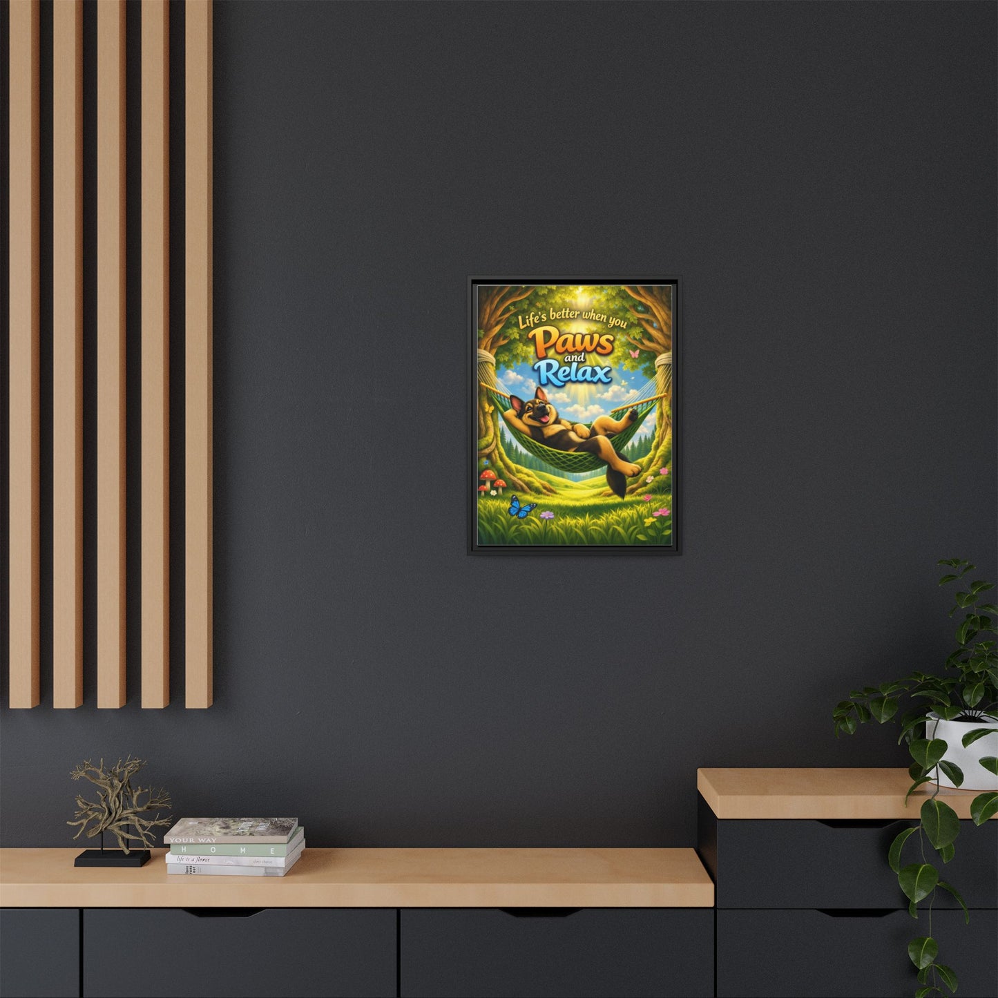 German Shepherd Wall Art – "Life's Better When You Paws and Relax" Framed Canvas Print