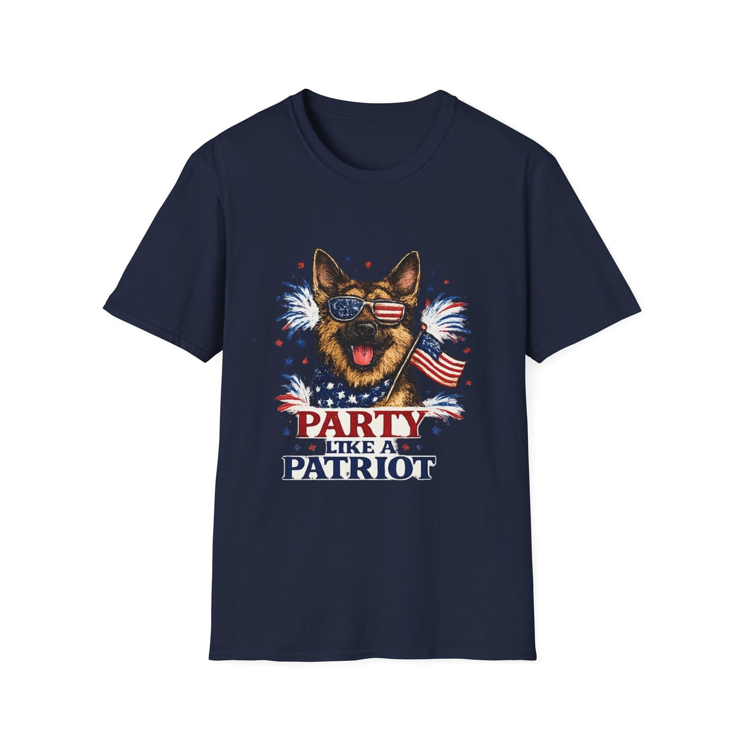 Patriotic German Shepherd Graphic T-Shirt | American Flag Sunglasses, Fireworks