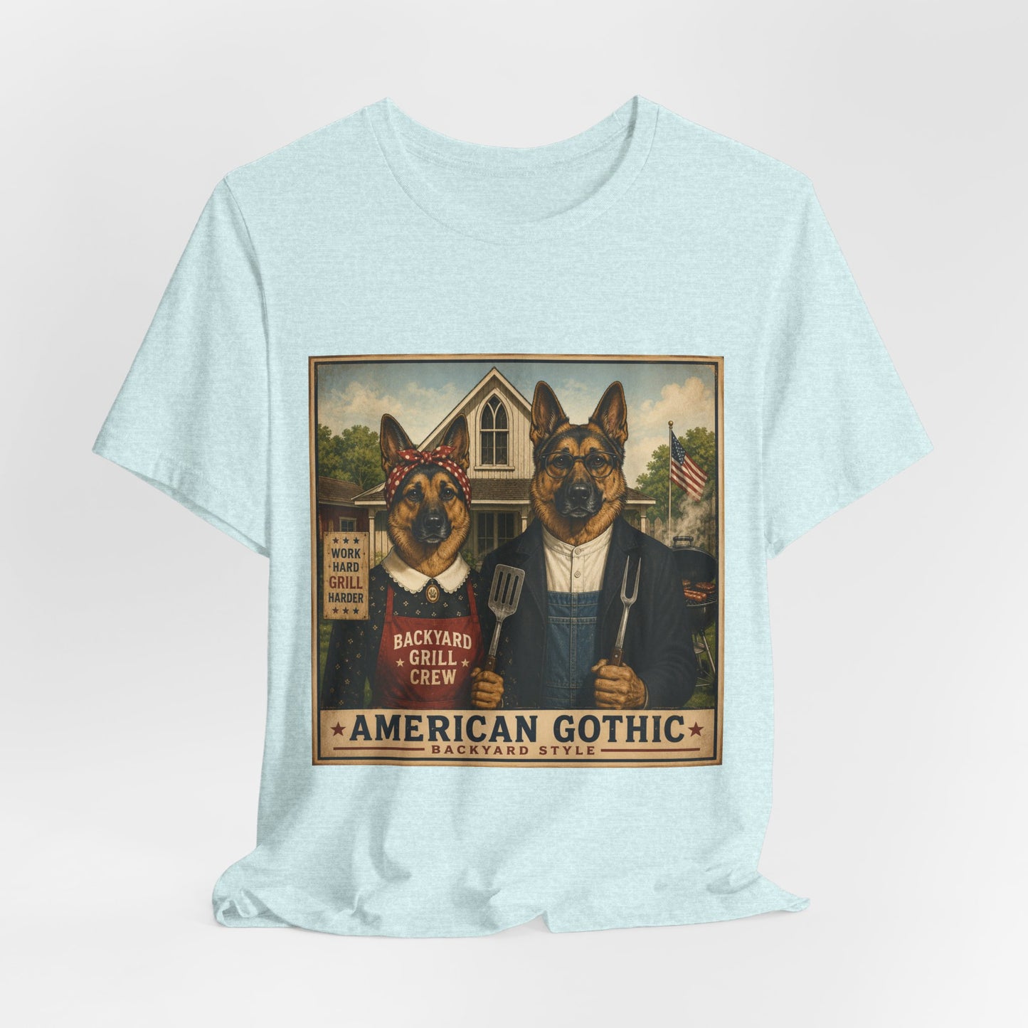 American Gothic – Backyard Style | German Shepherd BBQ T-Shirt