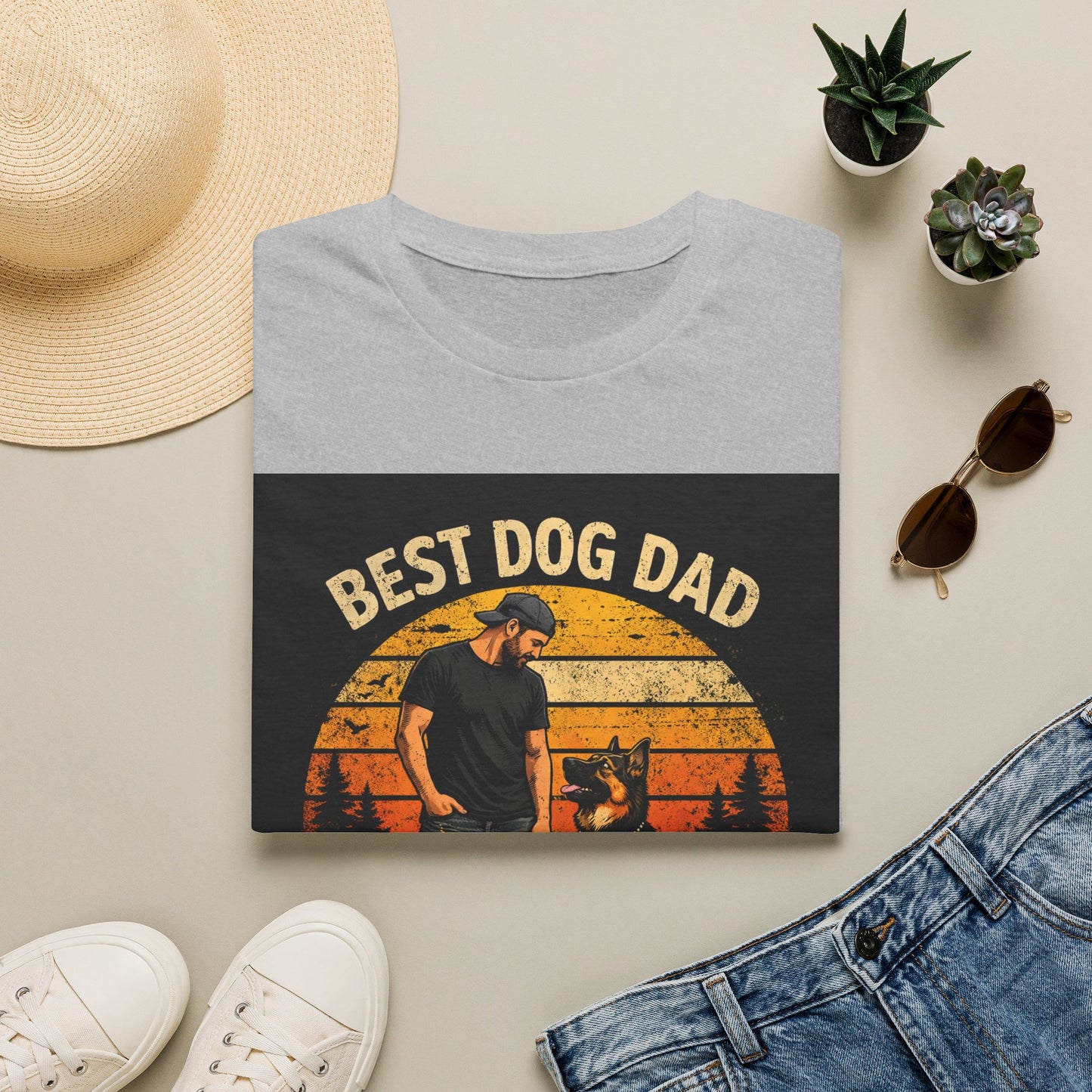 Best Dog Dad T-Shirt | Retro Sunset Dog Dad By My Side Design