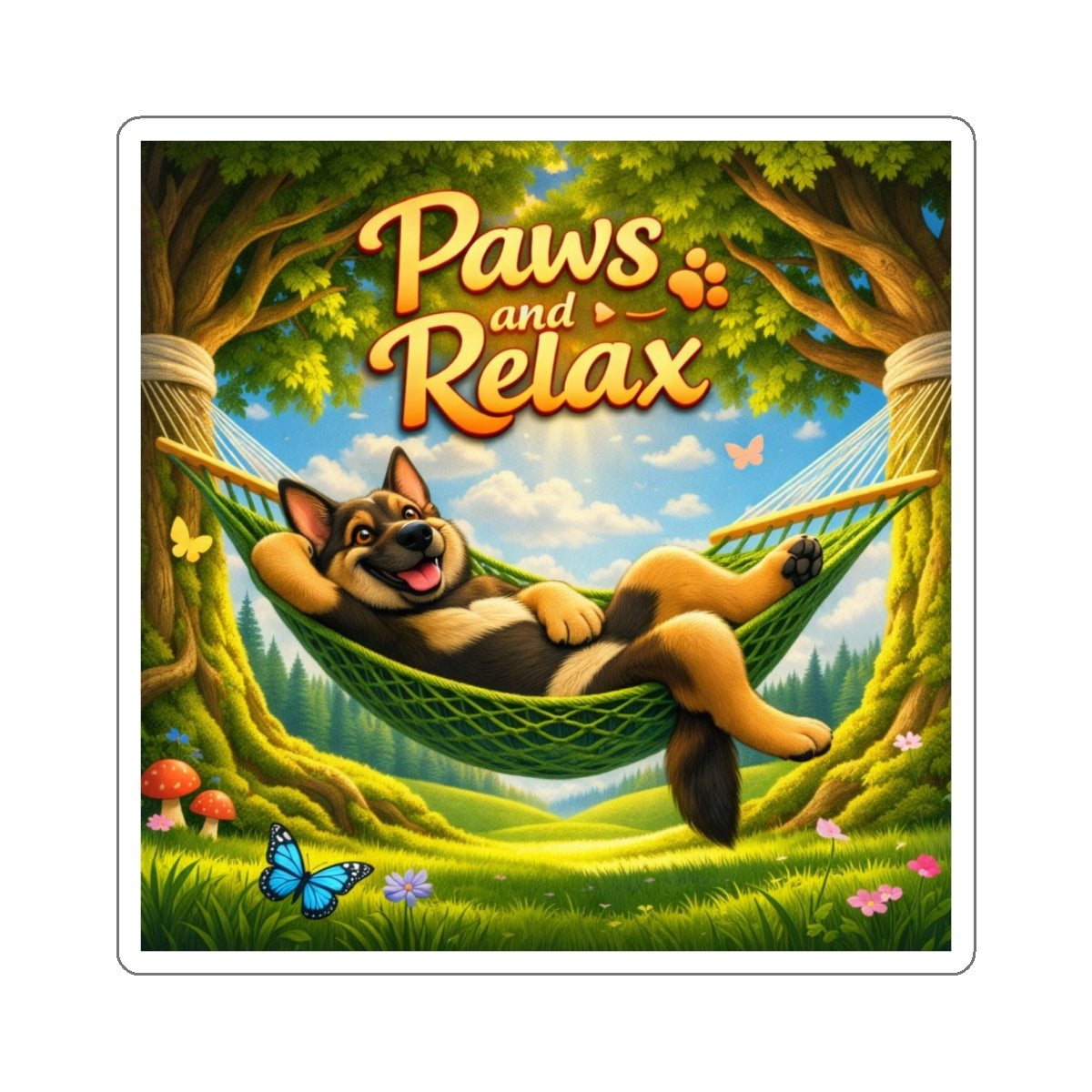 Paws & Relax German Shepherd Die‑Cut Sticker – Cozy Hammock Dog Vinyl Decal