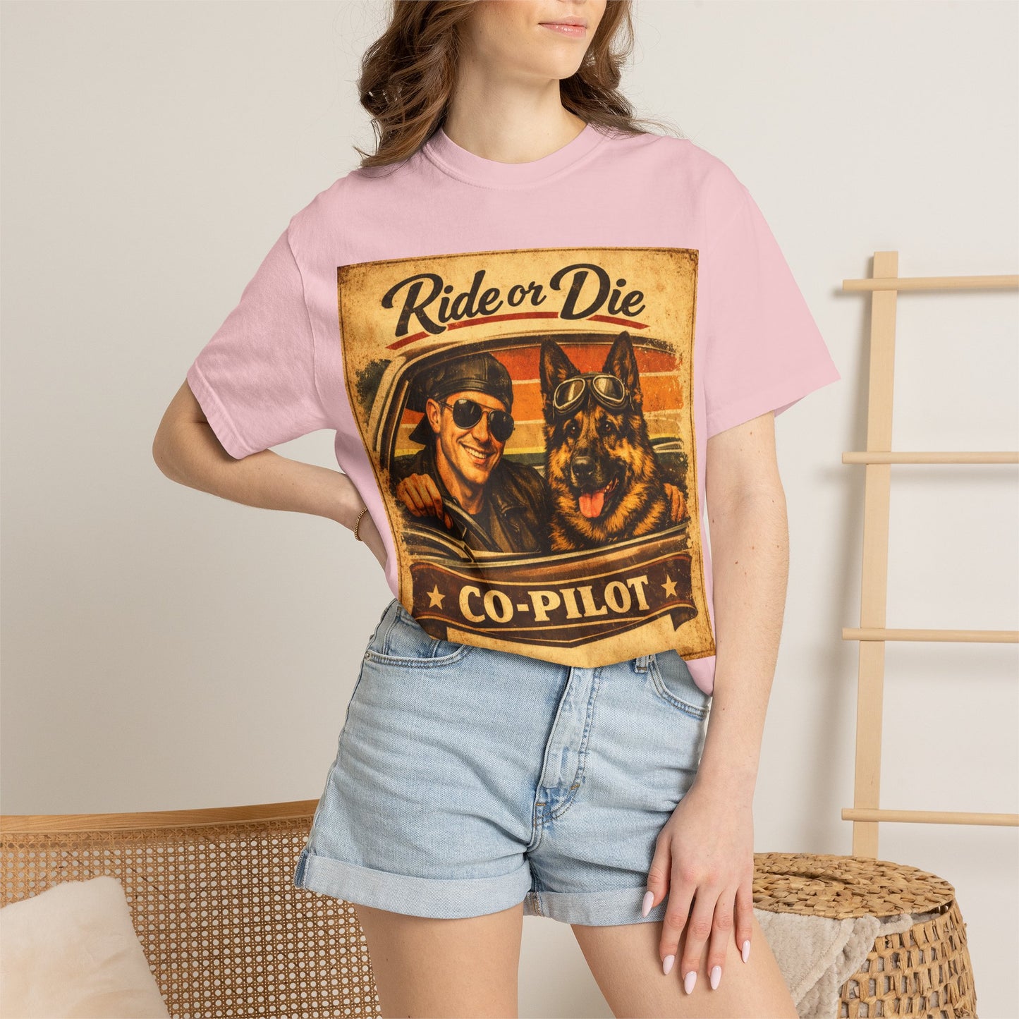 Ride or Die Co-Pilot T-shirt | Retro Driver and German Shepherd Design
