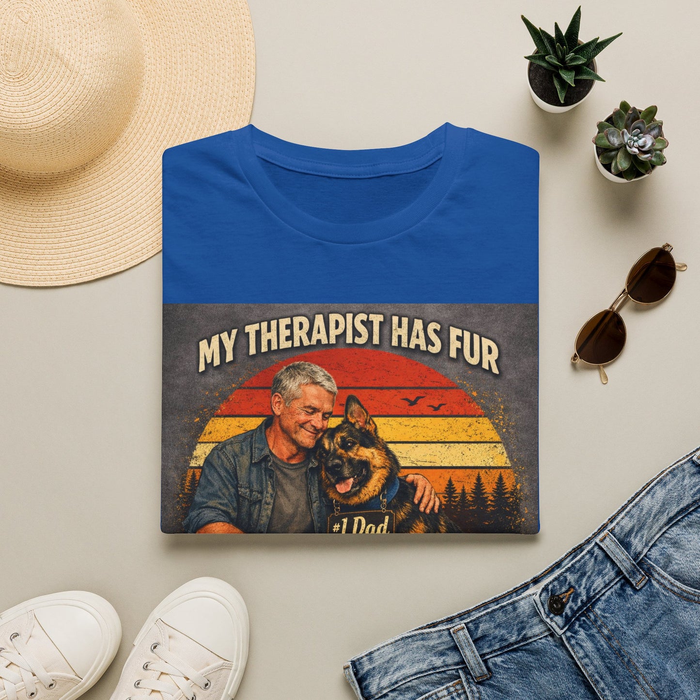 My Therapist Has Fur T-Shirt | Dog Dad Retro Sunset Design