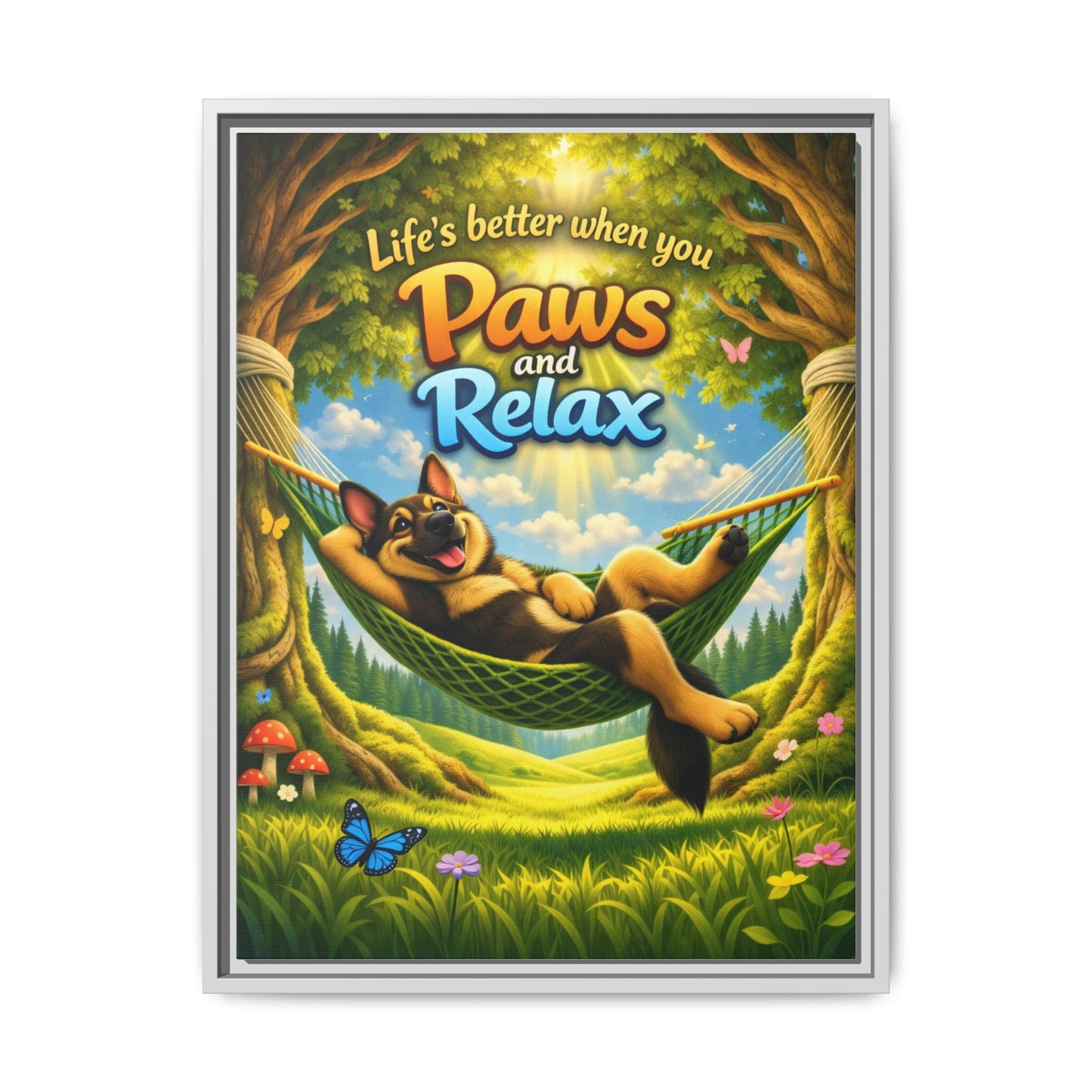 German Shepherd Wall Art – "Life's Better When You Paws and Relax" Framed Canvas Print