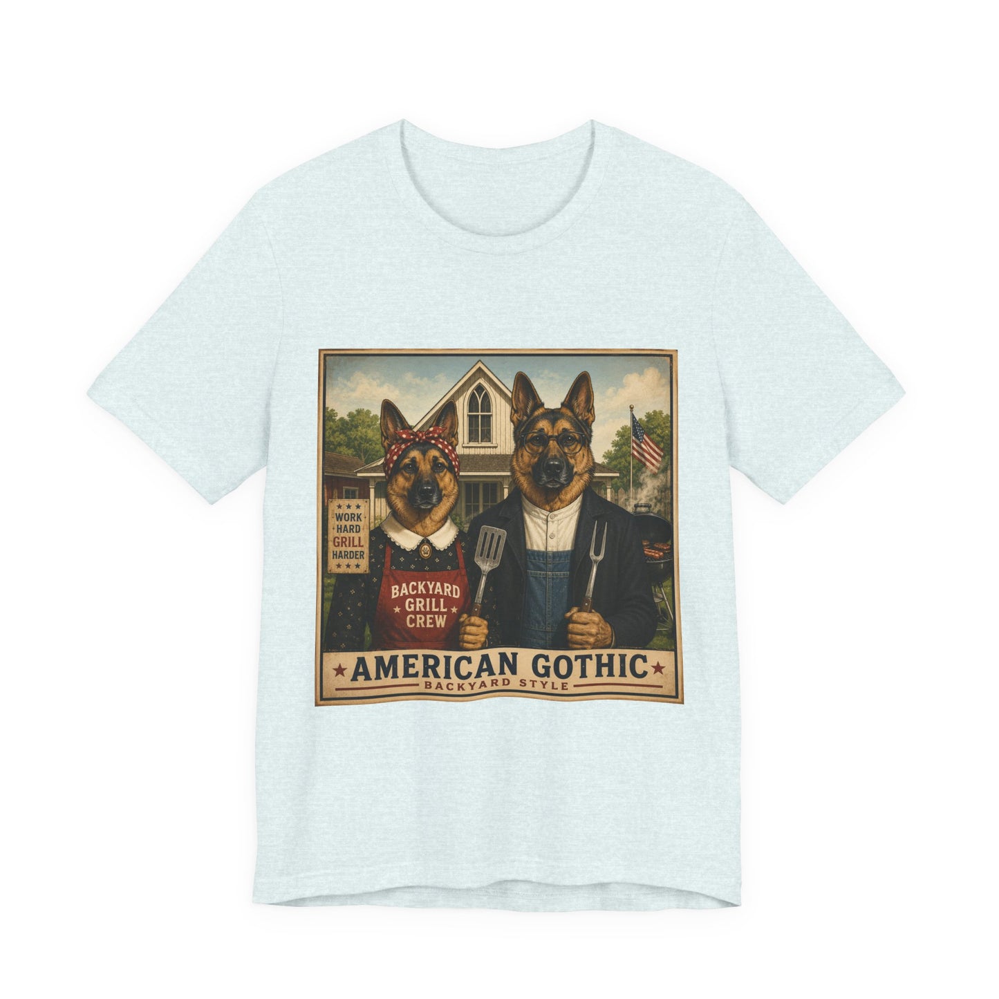 American Gothic – Backyard Style | German Shepherd BBQ T-Shirt