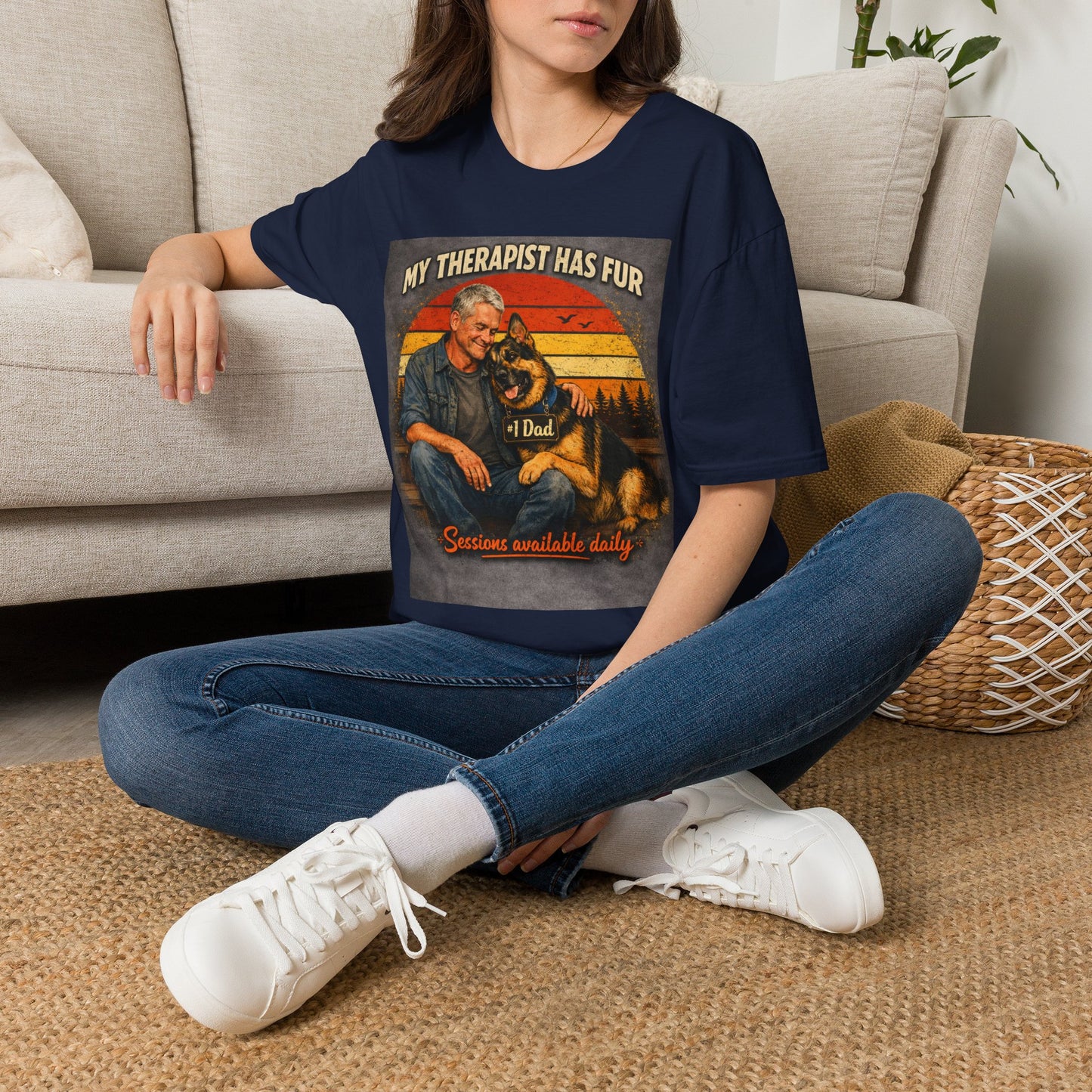 My Therapist Has Fur T-Shirt | Dog Dad Retro Sunset Design